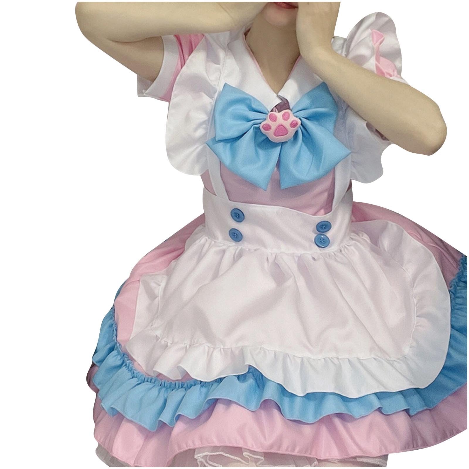Women Cute Japanese Maid Costume Kawaii Anime Cosplay Halloween Outfits Sweet Lolita Dress French Apron Maid Dress: Pink Medium