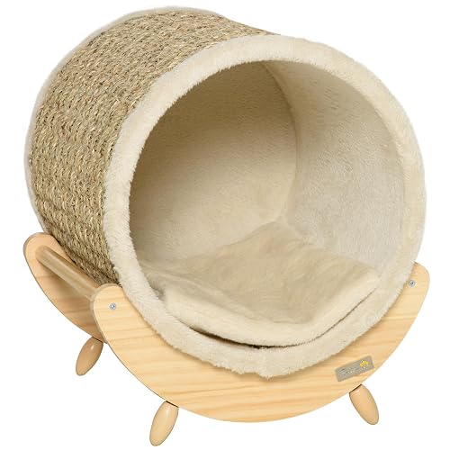 PawHut Cama Elevada para Gatos Cueva para Mascotas Aparencia Barril con Superficie de Algas para Rascar Cojín…
