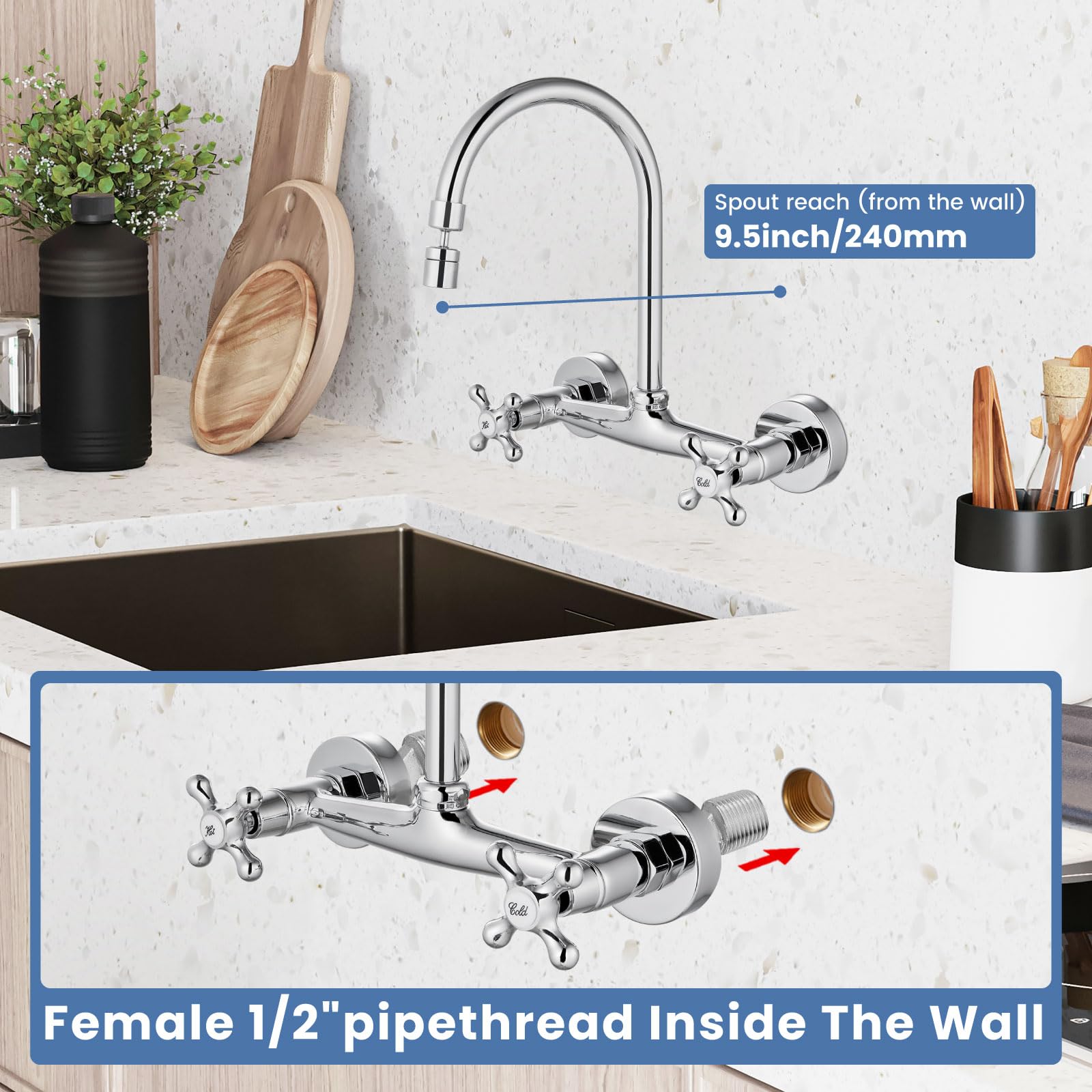 Airuida Chrome Polish Wall Mount Kitchen Sink Faucet 8 Inch Center Double Cross Handles 360 Degree Swivel Spout Kitchen Mixer Tap Commercial - Image 3