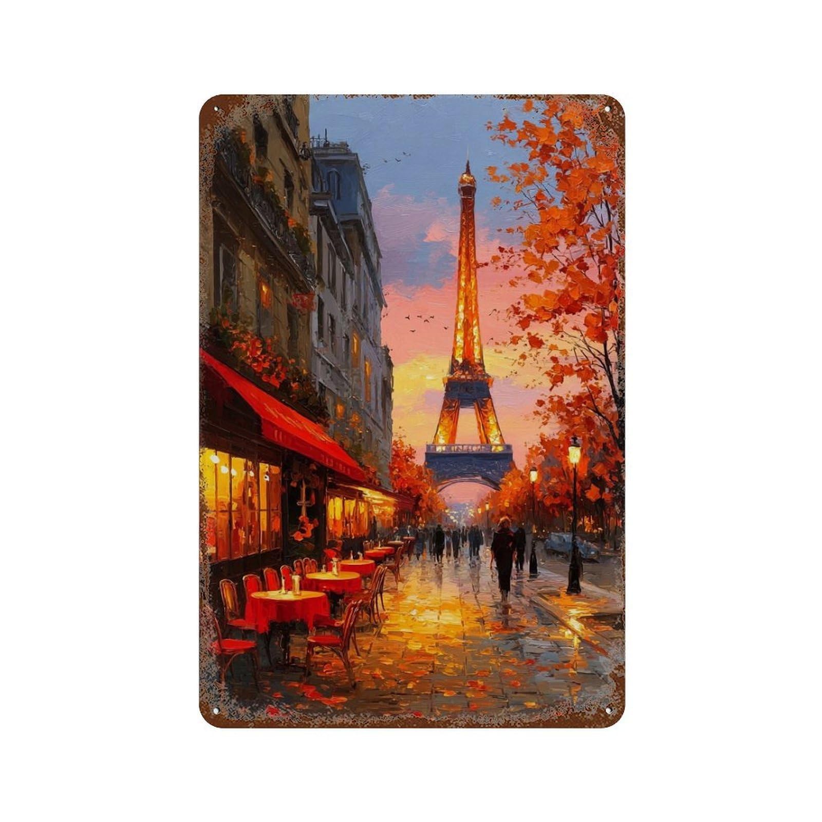 Parisian Café with Eiffel Tower View Vintage Rust Metal Sign 11.8"x7.9", for Basement, Hobby Room And Garage Decor, Farmhouse Wall Decor