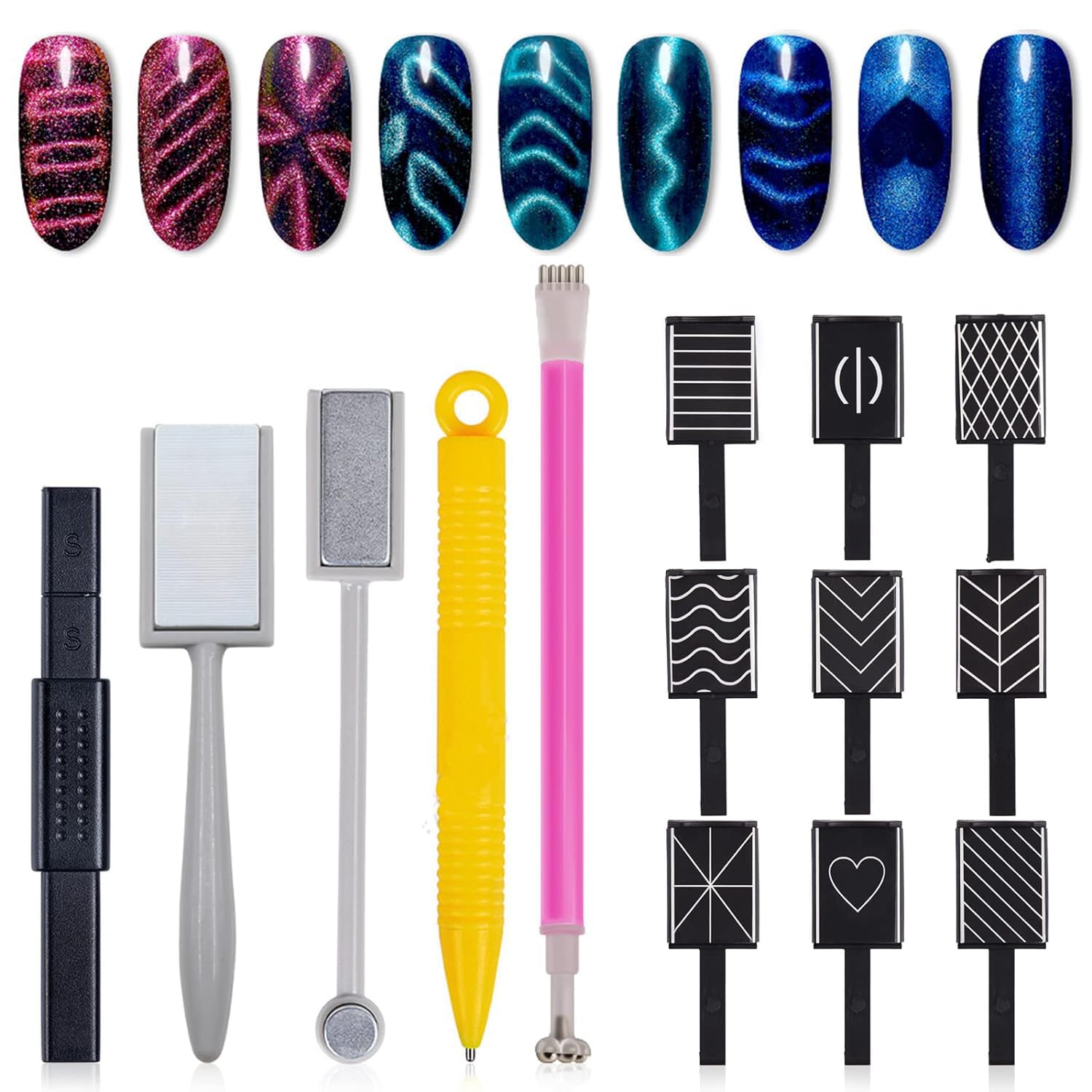 Excefore 15 Pieces Nail Magnet Tool Set, Double-head Flower Design Nail Magnet Pens Magnet Stick 3D Magnetic Cat Eye Gel Polish Nail Art, for DIY 3d Magnetic, Salon, Studio or Home