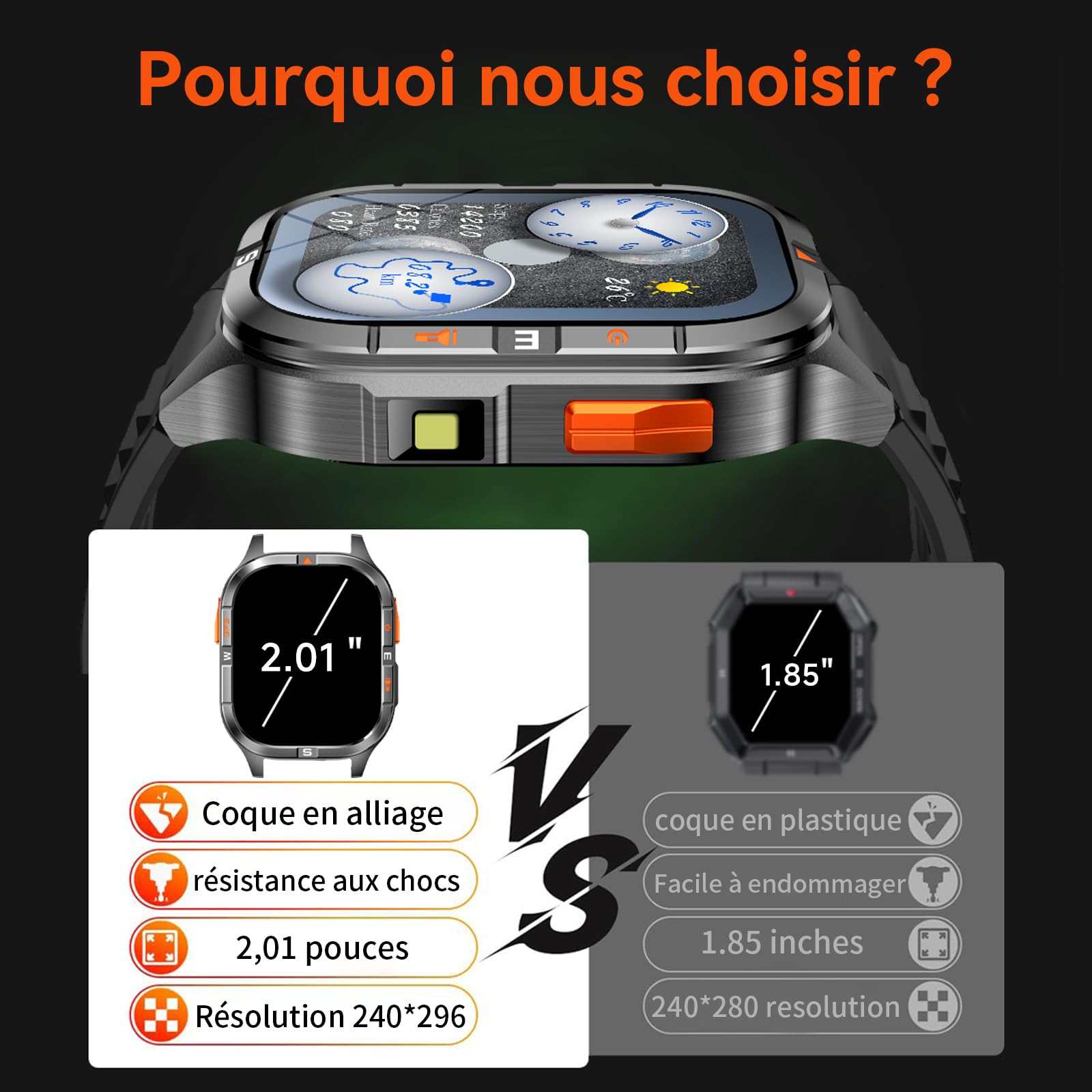 Montre intelligente GPS militaire pour hommes avec boussole/lampe de poche, montre intelligente à écran HD 2,01" avec assistant vocal/appel Bluetooth, pour Android et iOS, Montre Fitness de sport