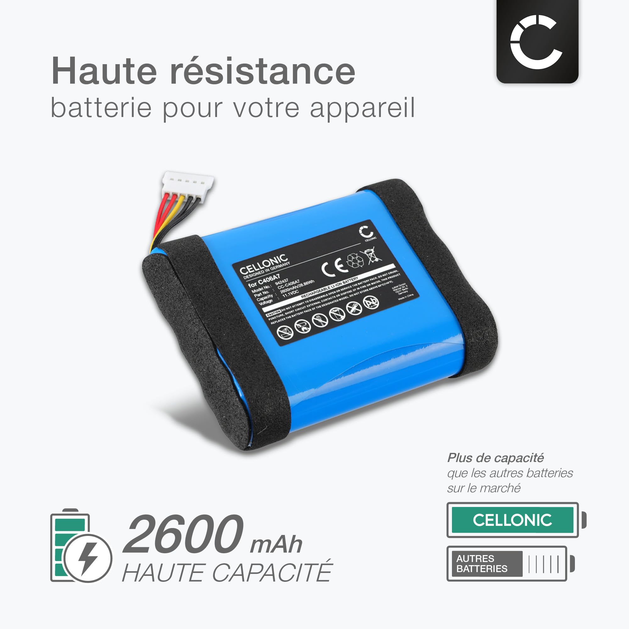 CELLONIC 1x Batterie pour Enceinte Compatible avec Marshall Middleton, C406A7 - (2600mAh, 11.1V)