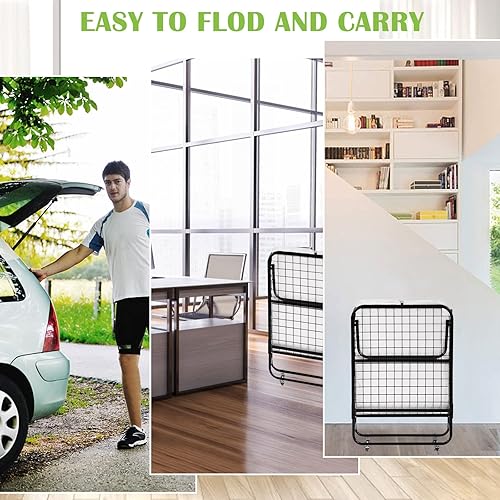 Miniatura 4 de Base de cama plegable individual con ruedas giratorias, cama plegable portátil para adultos, marco de cama de metal con colchón de espuma