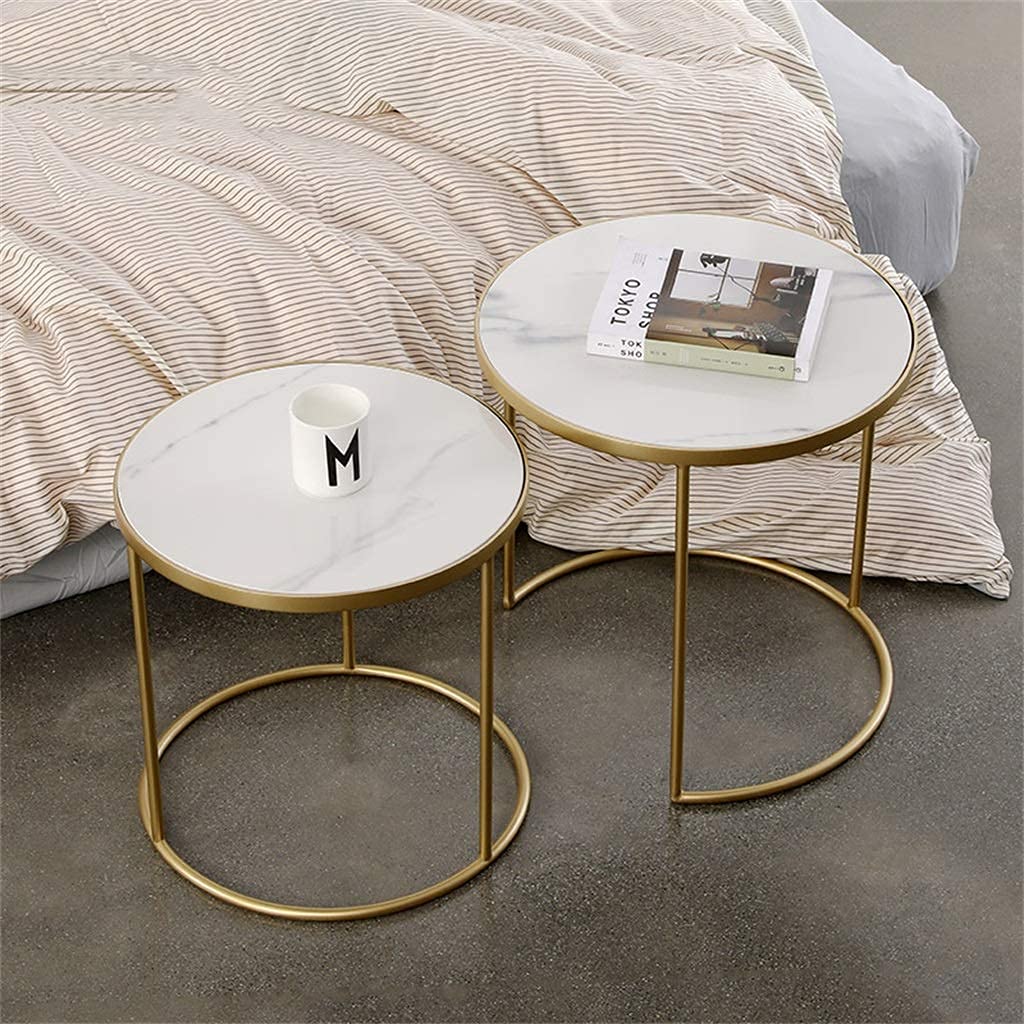 Set Van 2 Bijzettafels Met Marmermotief, Bijzettafel Met Goudkleurig Metalen Frame
