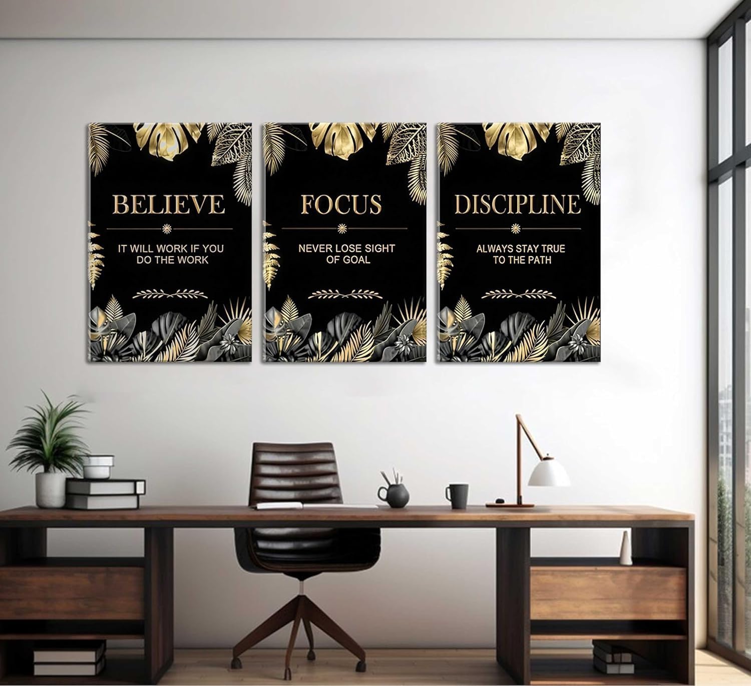 3 Pcs Black Gold Inspirational Office Canvas Wall Art believe focus disciplne Motivational Inspiring Quotes Pictures Wall Decor Poster Print Artwork for Man Cave Man Room Home Office Decoration