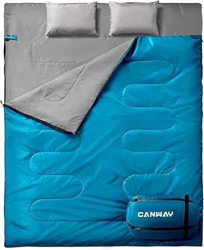 CANWAY Saco de dormir doble de franela para adultos, clima frío, tamaño Queen, saco de dormir para dos personas para acampar con 2 almohadas