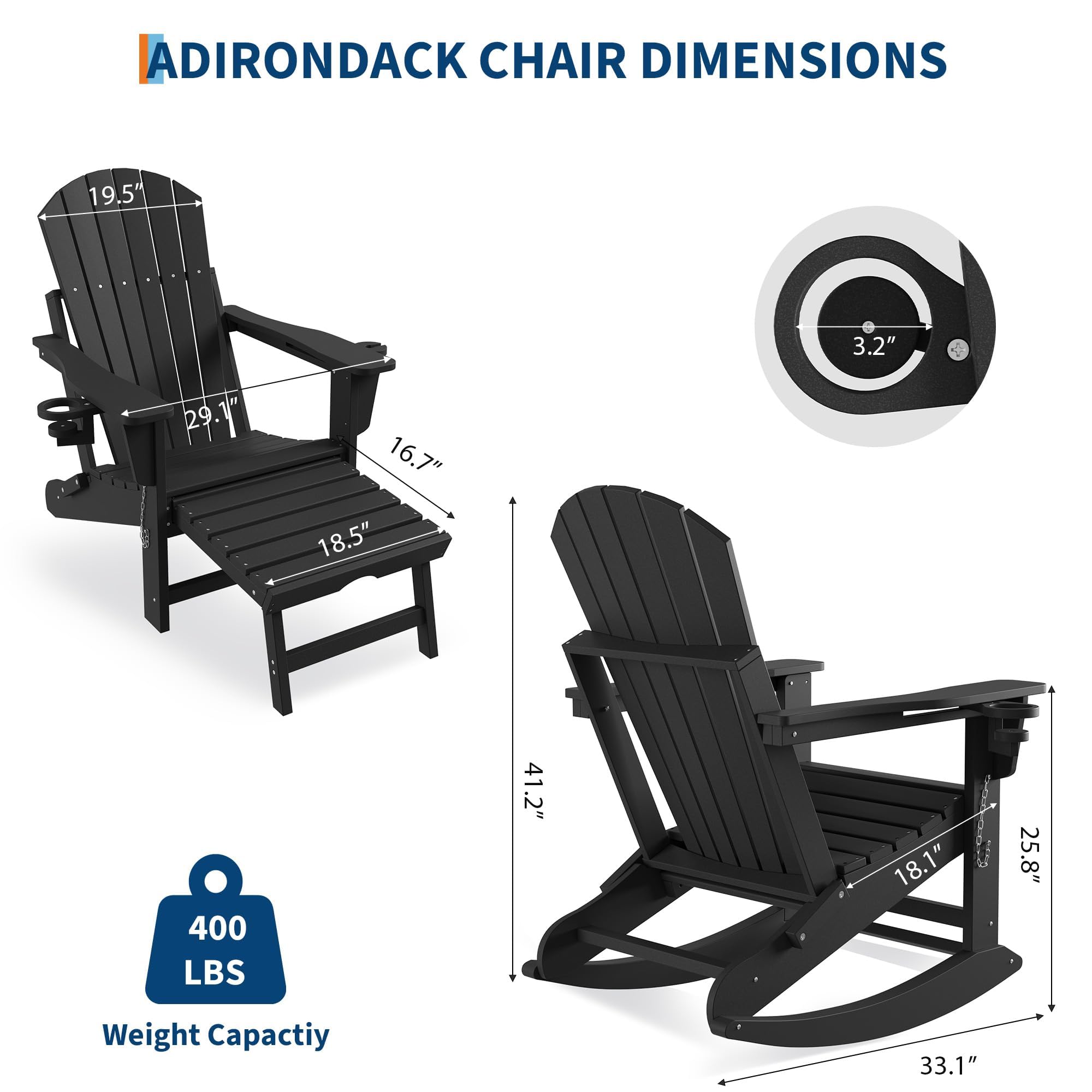 Klappbarer Adirondack Stuhl Mit Fußstütze & 2 Getränkehalter, Loungesessel Gartenstuhl Wetterfestes HDPE Gartensessel Für Garten, Terrasse Und Balkon, 181 kg Tragfähigkeit
