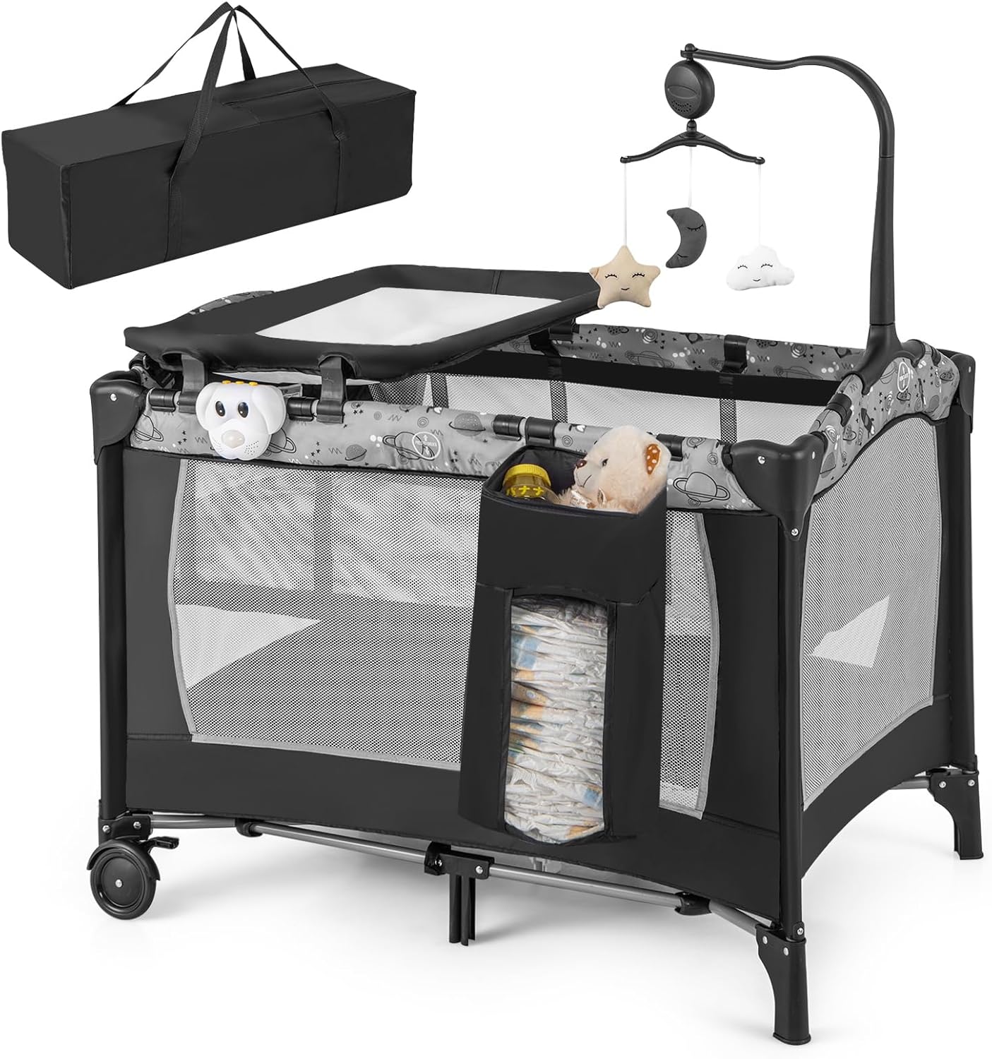 HONEY JOY Pack and Play, 4 in 1 Portable Baby Playard with Bassinet, Changing Table, Lockable Wheels, Music Box, Foldable Travel Baby Crib Nursery Center from Newborn to Toddler (Dark)