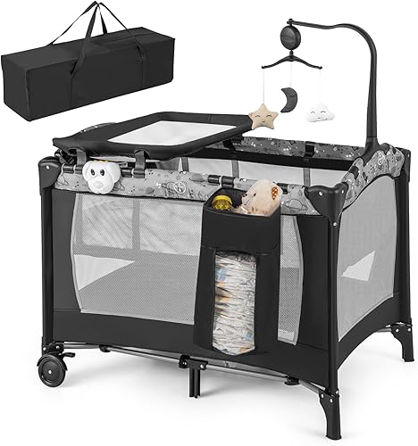 HONEY JOY Pack and Play, corralito portátil 4 en 1 con moisés, cambiador, ruedas bloqueables, caja de música, centro de guardería plegable para cuna