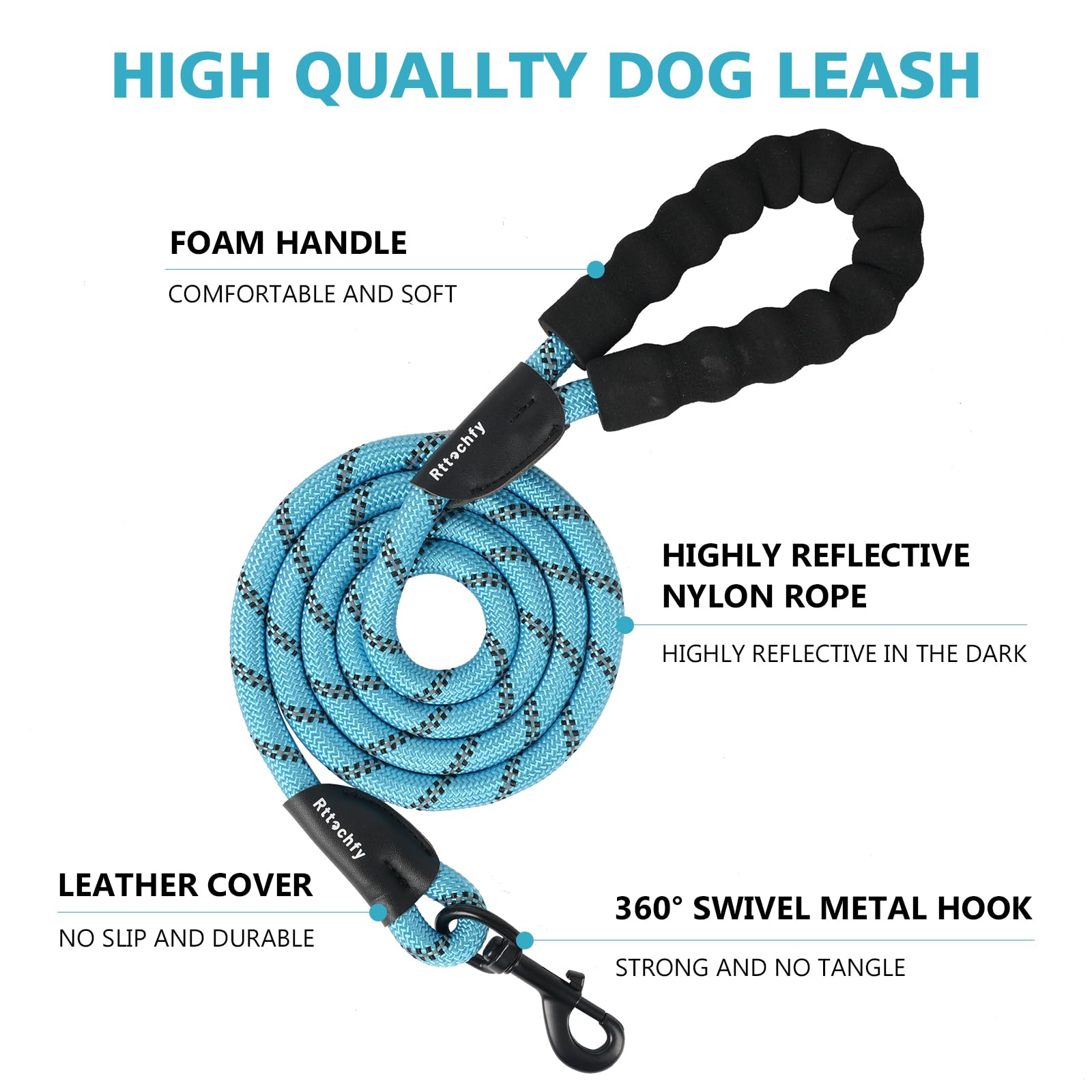 Rttochfy Correa Resistente para Perro, Correa de Cuerda de 2/4/5/6/8/10 pies con cómodo Mango Acolchado y Reflectante, Correa de Entrenamiento para Cachorros para Perros pequeños, medianos y Grandes