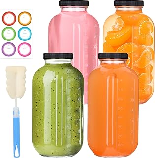 4 Pack 32oz Glass Juice Bottles with Lids, Reusable Milk Containers, Glass Drinking Jars for Juice, Bubble Tea, Smoothie, Tea, Kombucha