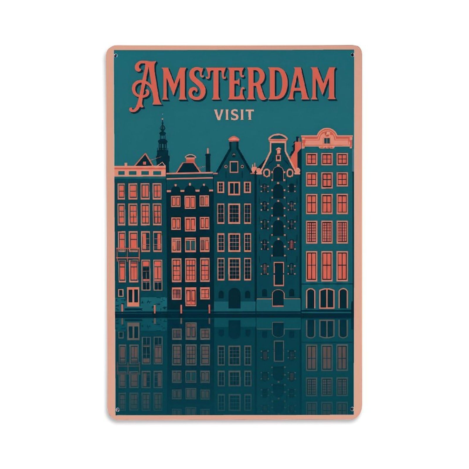 Fyrn Style Metal Tin Sign Vintage Travel Amsterdam Netherlands Striking