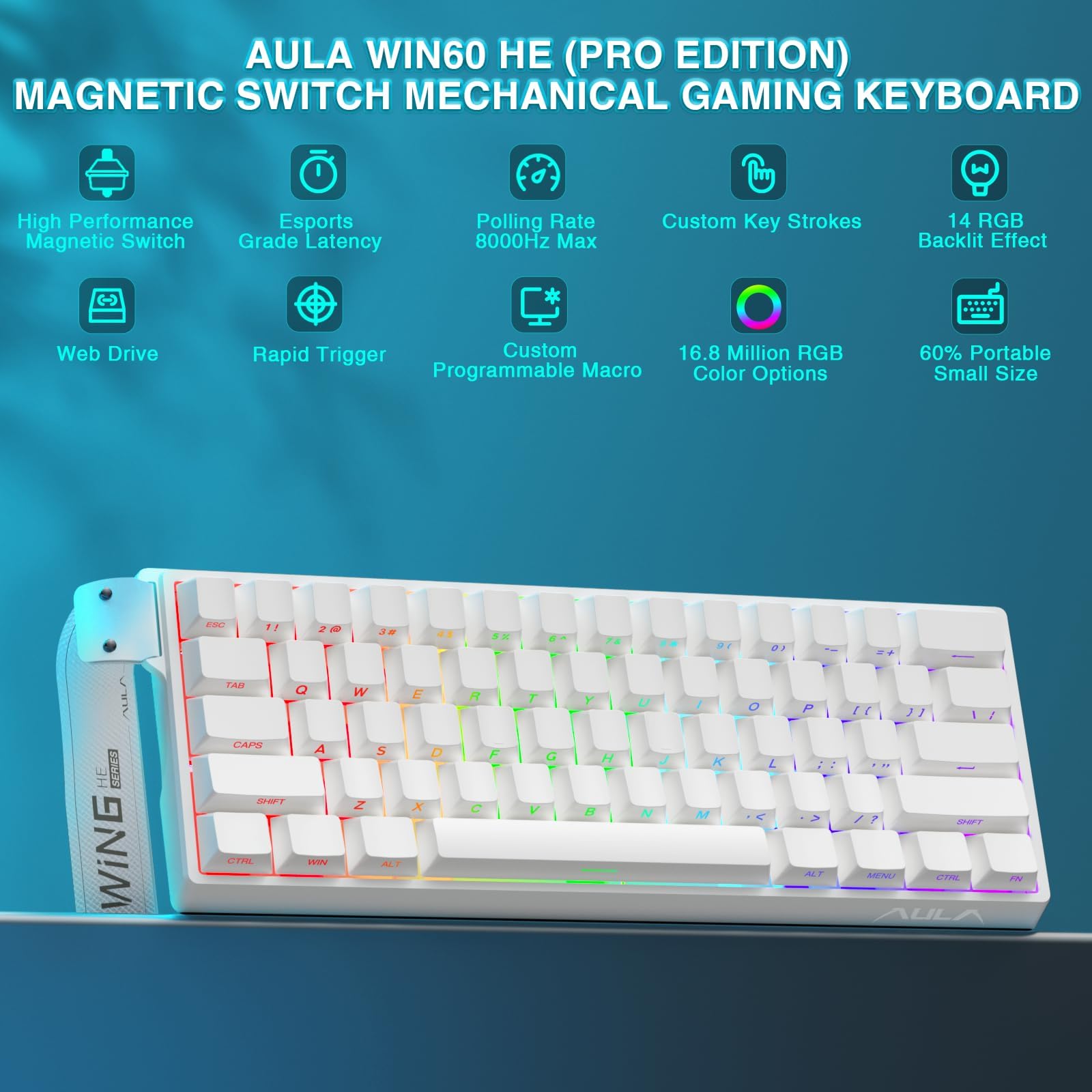 TZMRIT x Aula WIN60 HE, 60% mechaniczna klawiatura gamingowa z kablem, przełącznik magnetyczny wymienny na gorąco, regulowany tryb szybkiego wyzwalania aktywacji, częstotliwość próbkowania 8000 Hz