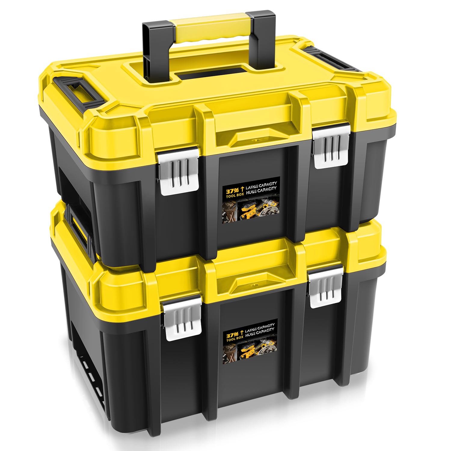 Auto Dynasty 17-Inch Tool Box, 2Pcs Toolboxes Organizer Storage with Removable Tray and Portable Handle for Garage Workshop Home Office Car Trunk, Yellow