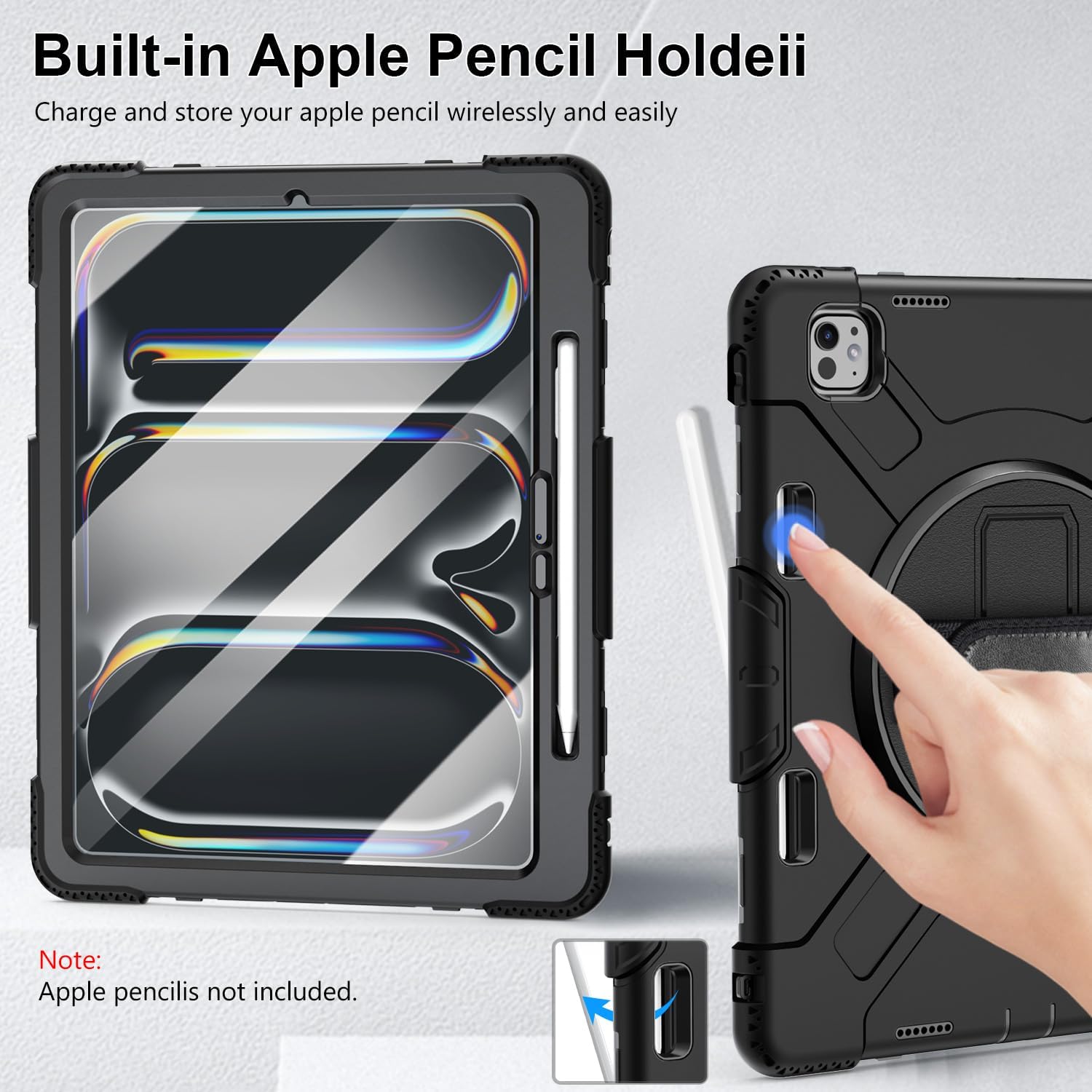 Case for iPad Pro 13 Inch 7th Generation 2024: Military Grade Cover for iPad Pro 13" (M4) W/Screen Protector - Stand - Handle - Shoulder Strap - Pencil Holder- Black