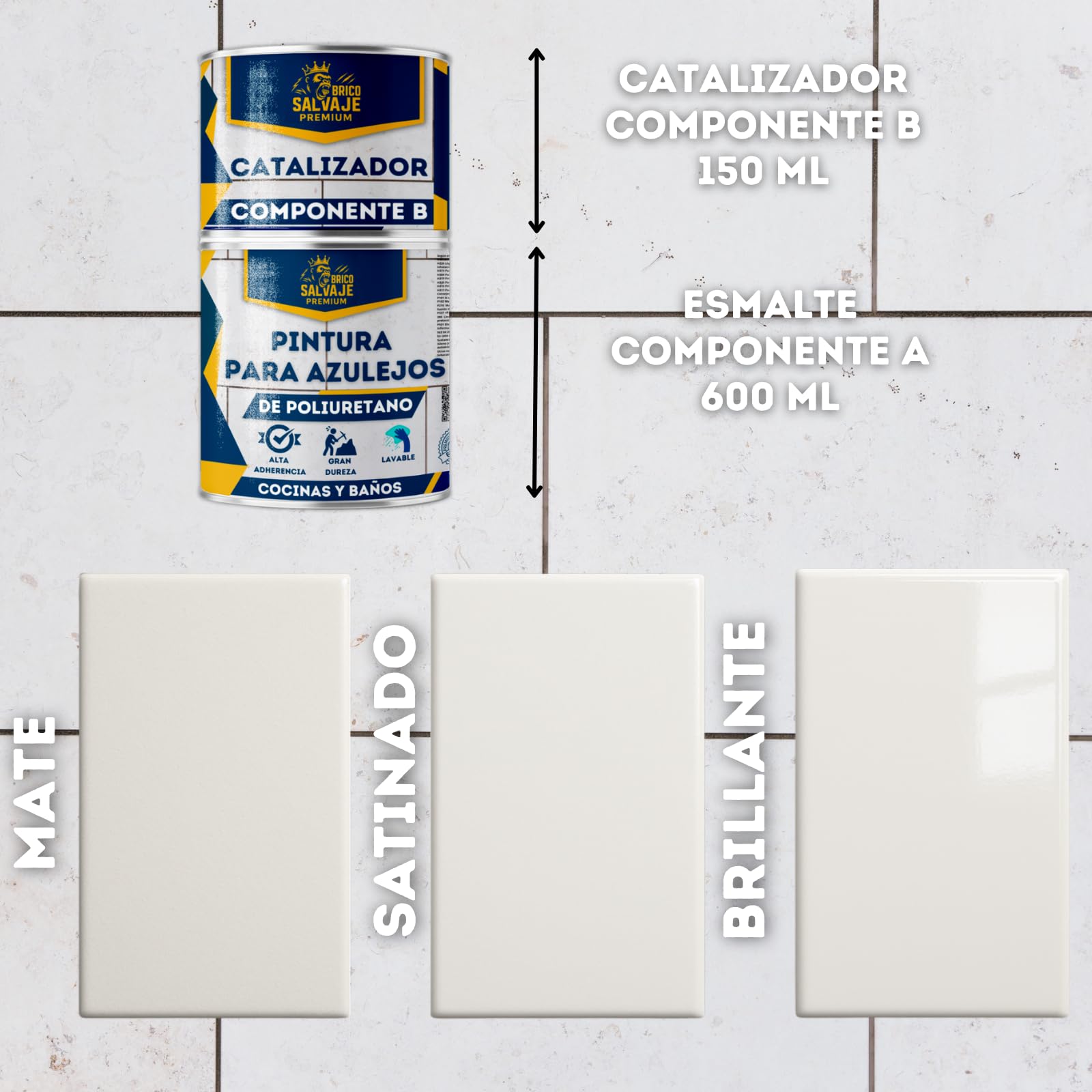 Pintura para Azulejos de Poliuretano Dos Componentes Satinado, Baño y Cocina, 600+150 ml, Alta Adherencia Resistente a Humedad (Ceniza Clara)