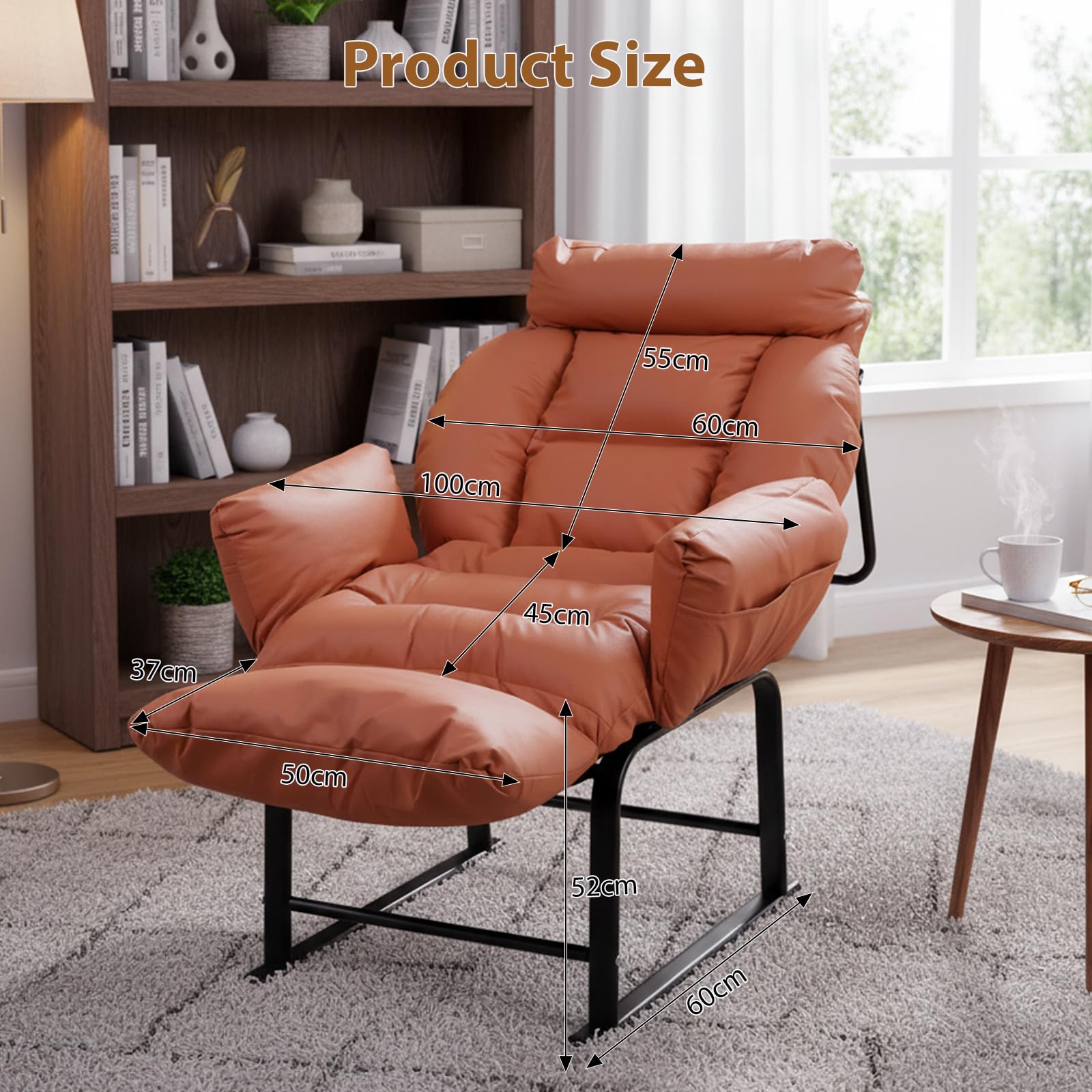 Fauteuil Relax, Dossier Inclinable 90°-180°, Cadre en Métal, Jusqu’à 150kg, pour Chambre d' Enfant Chambre à Coucher Salon Balcon,Orange