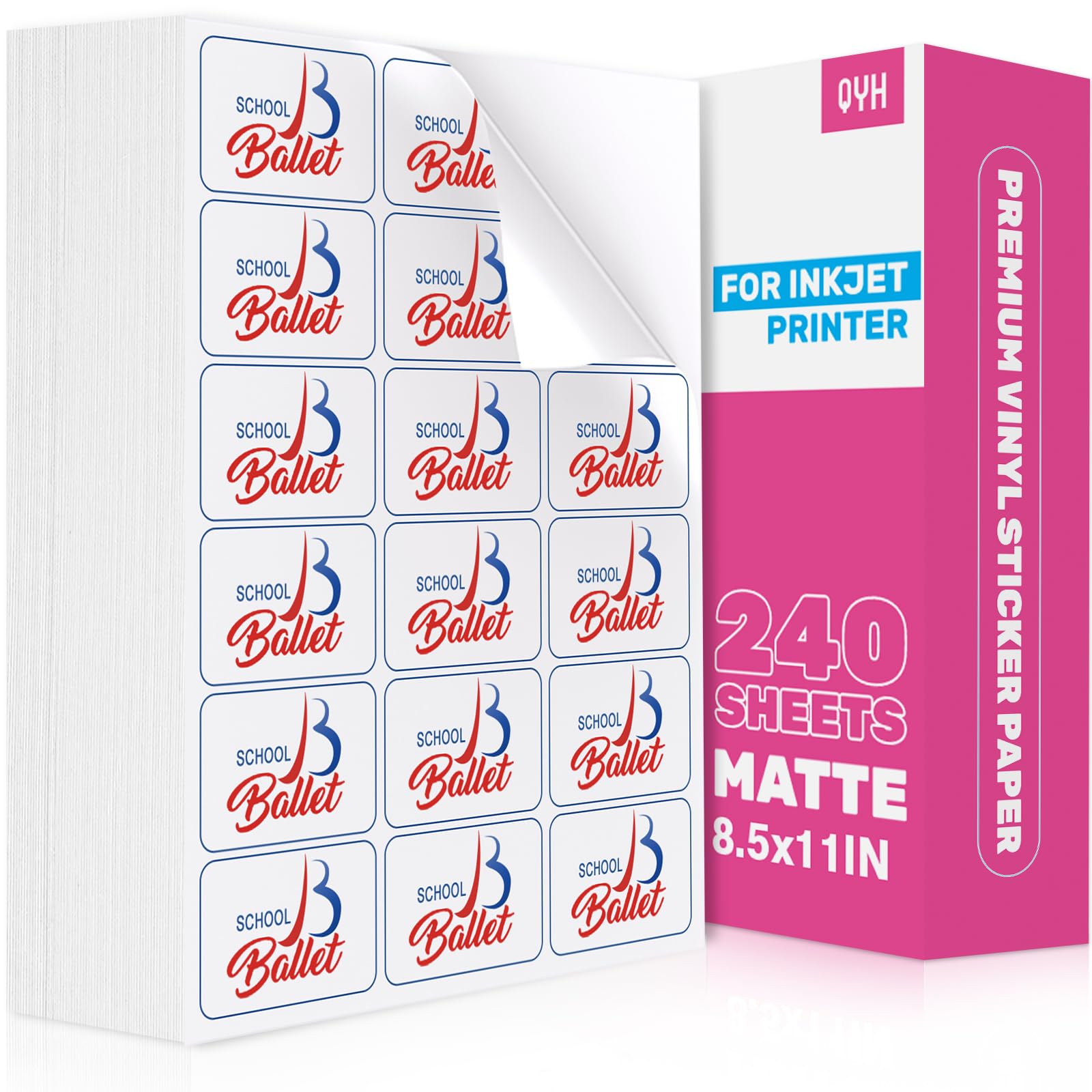 QYH Printable Sticker Paper for Printer, 240 Sheets 8.5x11 - White Matte Vinyl, Compatible with Inkjet/Laser & Cricut - Waterproof Vinyl Labels for