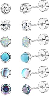 Titanium Earrings for Women Men G23 Titanium Stud Earrings Opal Cubic Zirconia Turquoise Moonstone Screw Back Stud Earrings Hypoallergenic Flat Back Stud Earrings Set