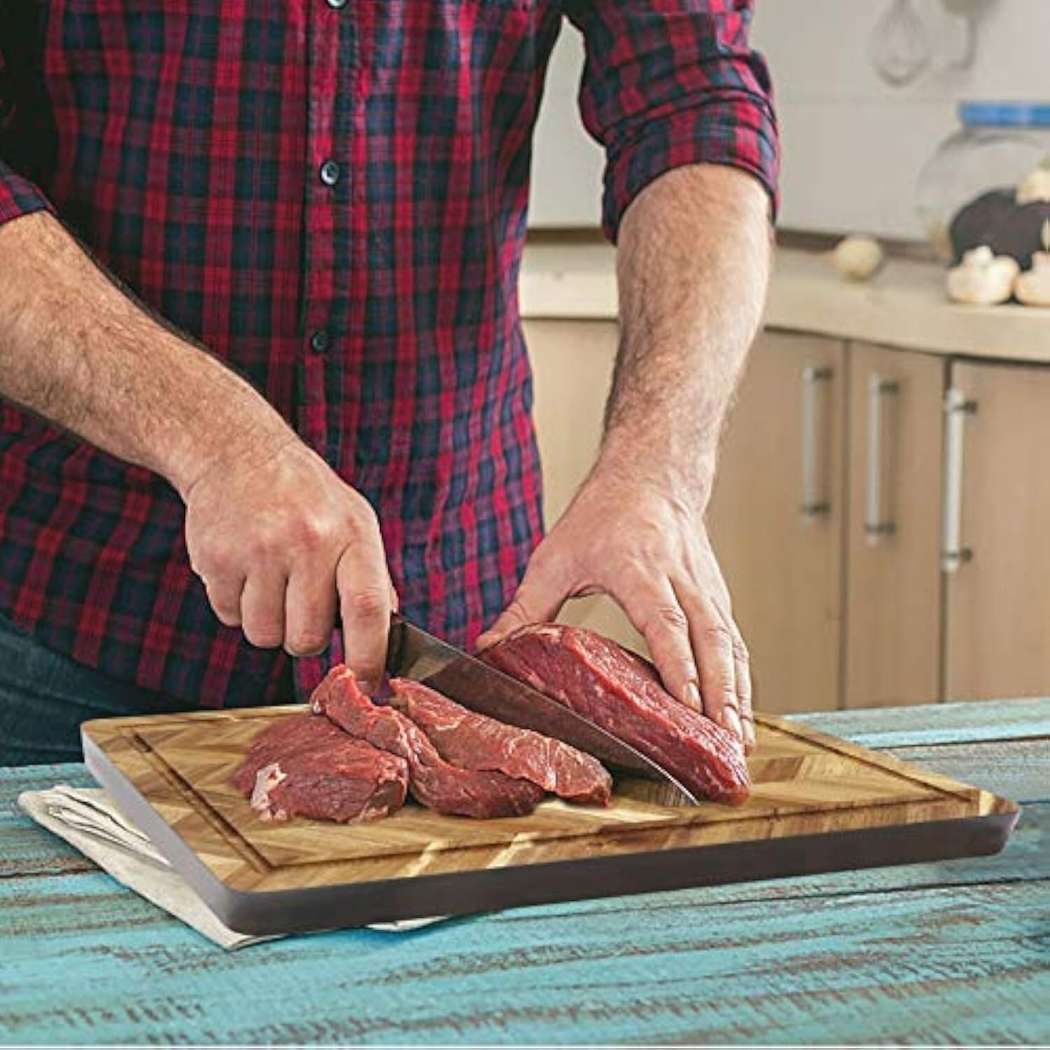 Solid Wood End Grain Cutting Board with Juice Groove, Rectangle Butcher Block with Painted Grey Edge, Food Safe, Kitchen Board