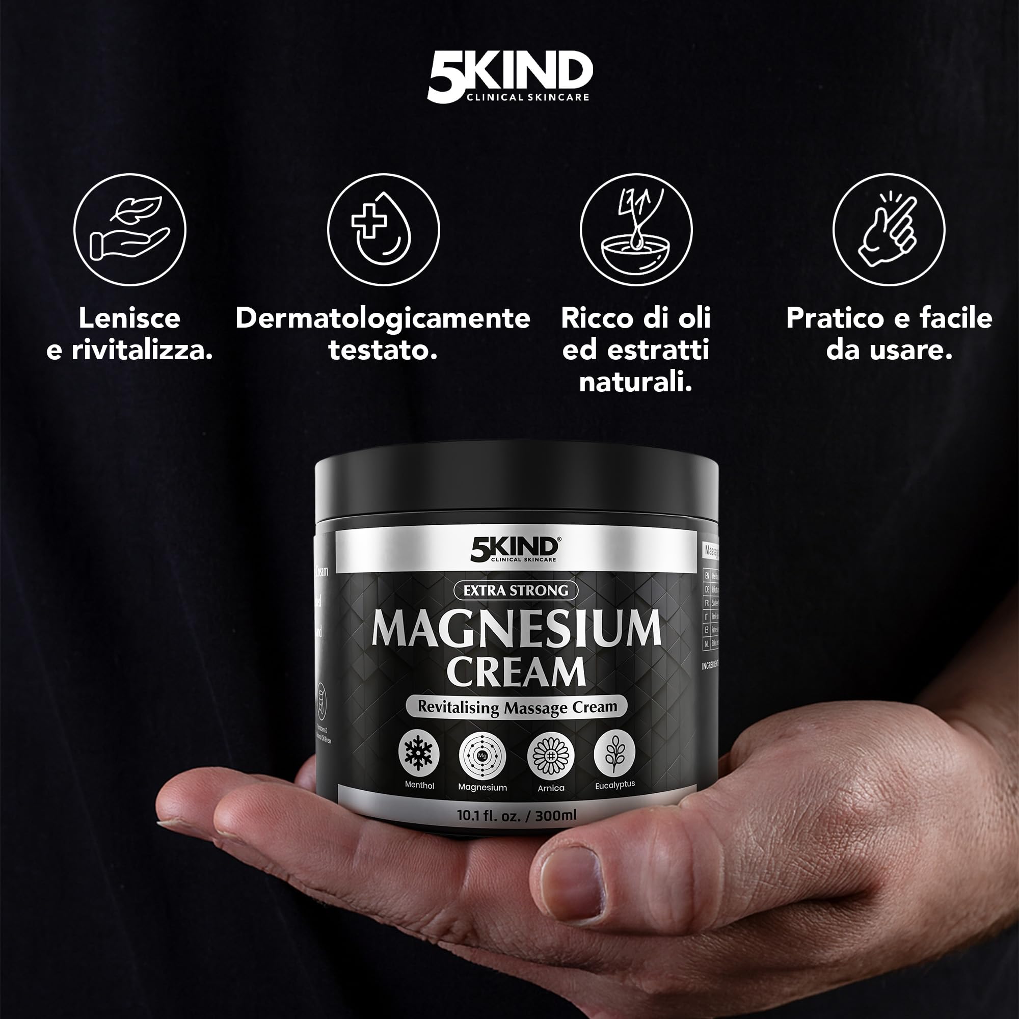 5Kind Crema al Magnesio Extra Forte 300ml - Crema al Magnesio per Muscoli, Articolazioni, Schiena, Ginocchia, Collo, Spalle - Arricchita con Arnica, Eucalipto, Consolida, Mentolo e Olio di Canapa