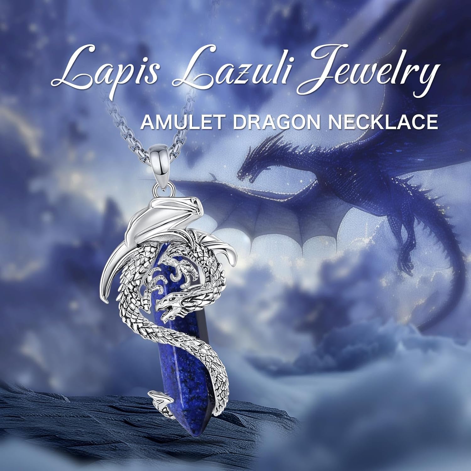 EUDORA Vintage Dragon Necklace with Healing Crystal for Women Men, Silver Plated Copper Viking Dragon Pendant Amulet Energy Gothic Jewelry, Gift for Women Men Dad Mother Mom, Chain 20" +24" - Image 3