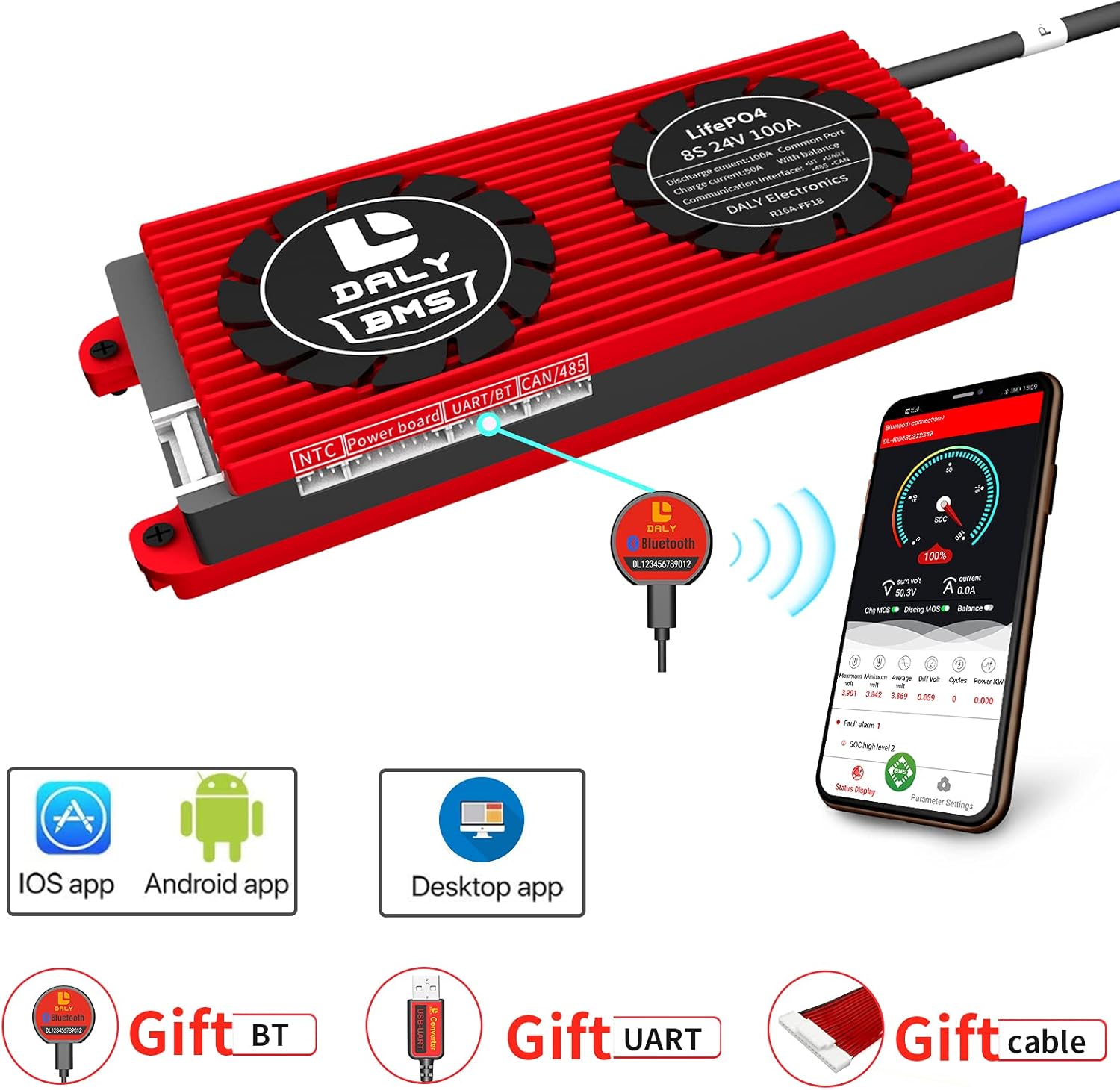DALY Smart BMS LiFePo4 8S 24V 100A with Programmable Bluetooth Module and Common Port