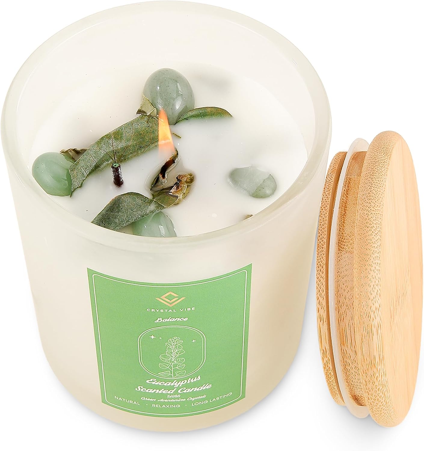 Crystal Vibe Eucalyptus Candle – Aromatherapy Candle with Green Aventurine Crystals and Eucalyptus Mint Leaves – 10oz Soy Candles – Crystal Candles Birthday Christmas Gifts for Women Mom