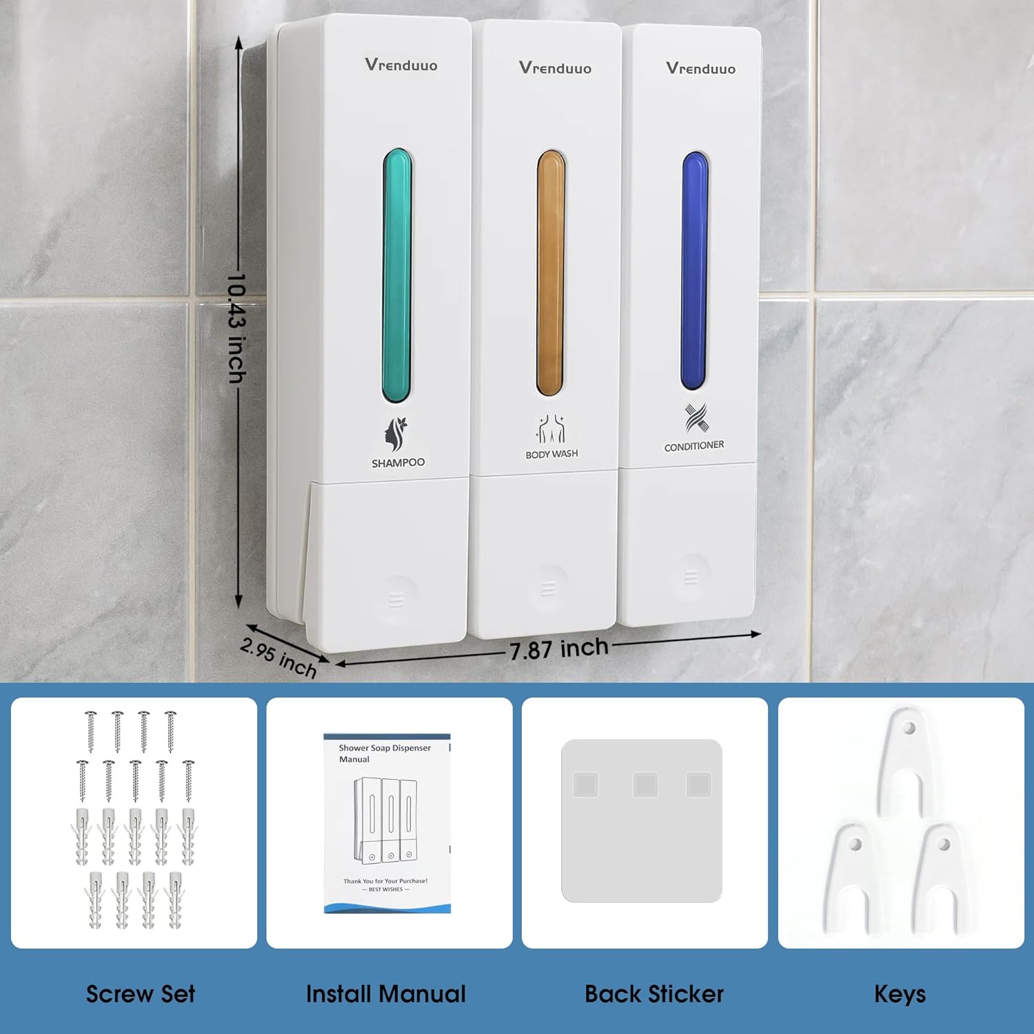 Shampoo and Conditioner Dispenser,Shower Dispenser 3 Chamber No Drill,Shower Soap Dispenser Wall Mounted for Bathroom Hotel with Upgrade Pump Head,3 * 400ml (White 3 Chamber) - Image 7