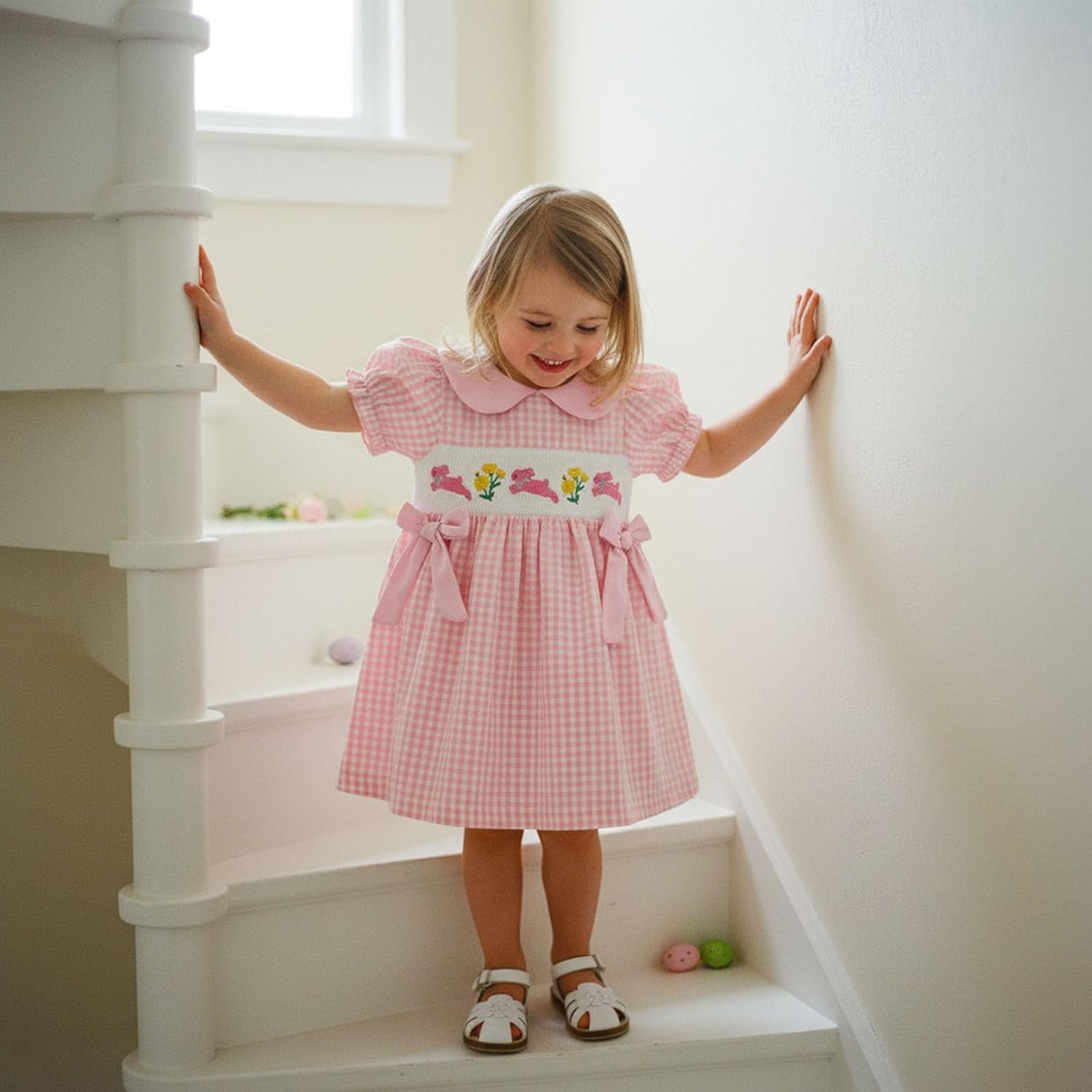 MoZiKQin Toddler Little Baby Girl Easter Outfit Bunny Embroidery Dress Short Sleeve Smocked Easter Dresses for Girls - Image 2