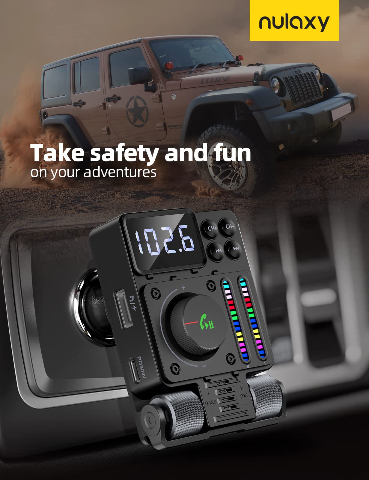 Nulaxy 2023 Upgraded Bluetooth V5.3 Car FM Transmitter,Treble and Bass Adjustable Sound Music Player, QC3.0 Fast Car Charger, for Hands Free Calls Assistant, for U Dish and Bluetooth- KM34 Black