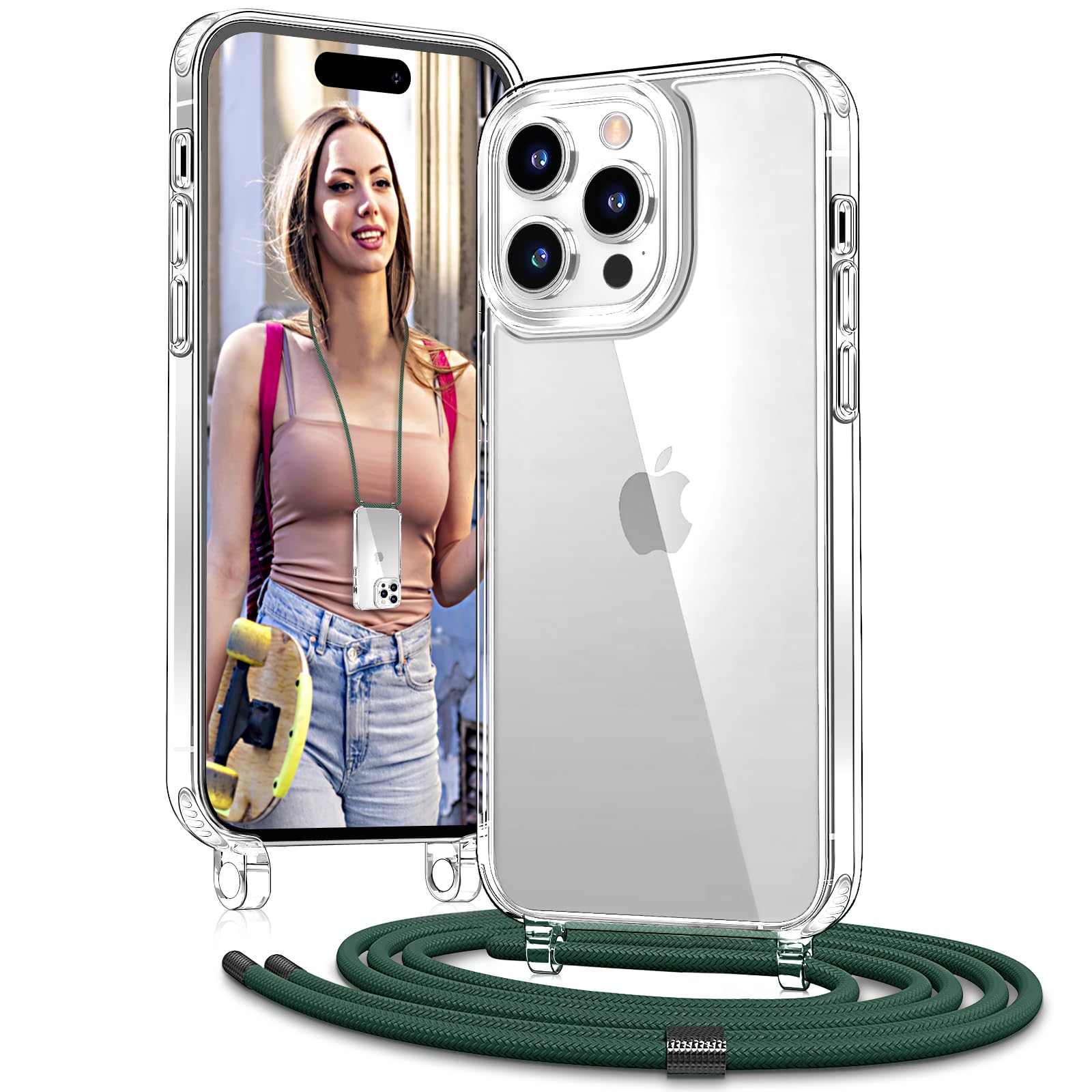 Vaykwo Handykette mit Band für Apple iPhone 14 Pro Hülle - Necklace Handyhülle - Transparente Case zum Umhängen mit Kameraschutz und Bildschirmschutz - Schwarz | Necklace Handyhülle, Transparente Case zum Umhängen, Verstellbar und Abnehmbar
