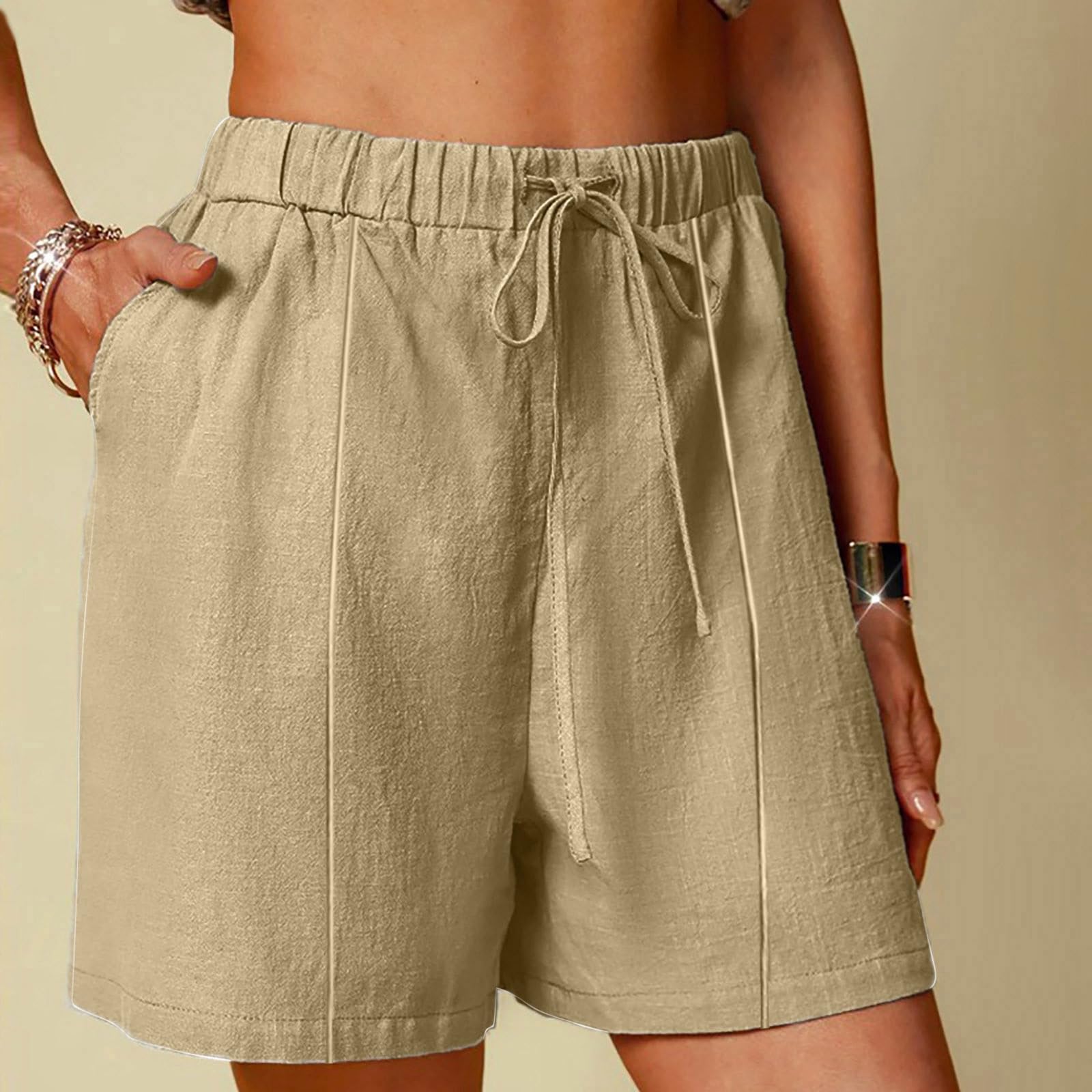 Cotton Linen Shorts for Women Plus Size 2025 Casual Elastic High Waist Drawstring Athletic Pants Summer Beach Shorts(Khaki,Large)