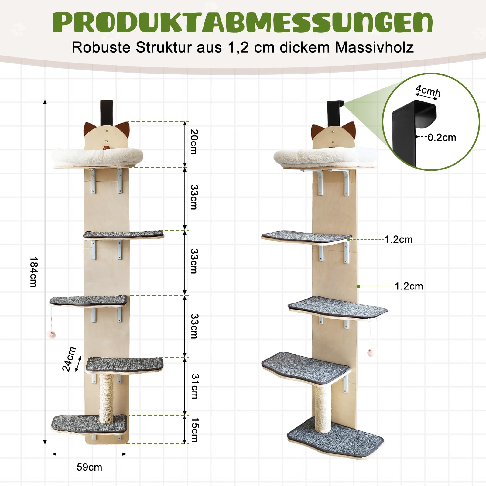 5‑stufiger Tür‑Kletterbaum für Katzen – Vertikaler Katzenbaum mit vollflächig textilbezogenen Plattformen und Kratzbaum für kleine bis mittelgroße Katzen