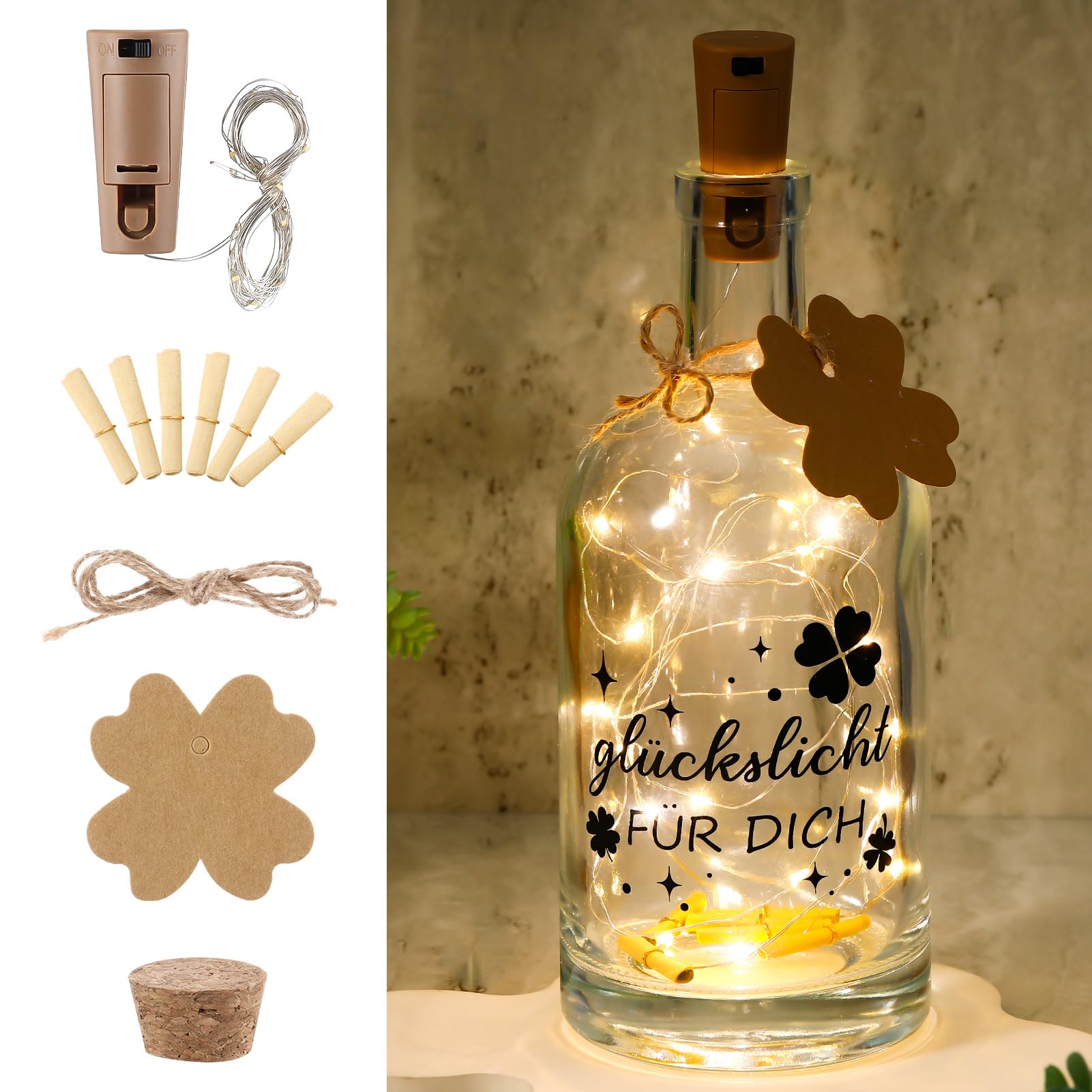taonganui LED Flaschenlicht mit Spruch Glückslicht Leuchtflasche mit Korken Lichterkette & Geschenkanhänger zum Beschriften Geldgeschenke Verpackung Geburtstag Geschenk für Frauen Freundin Hochzeit