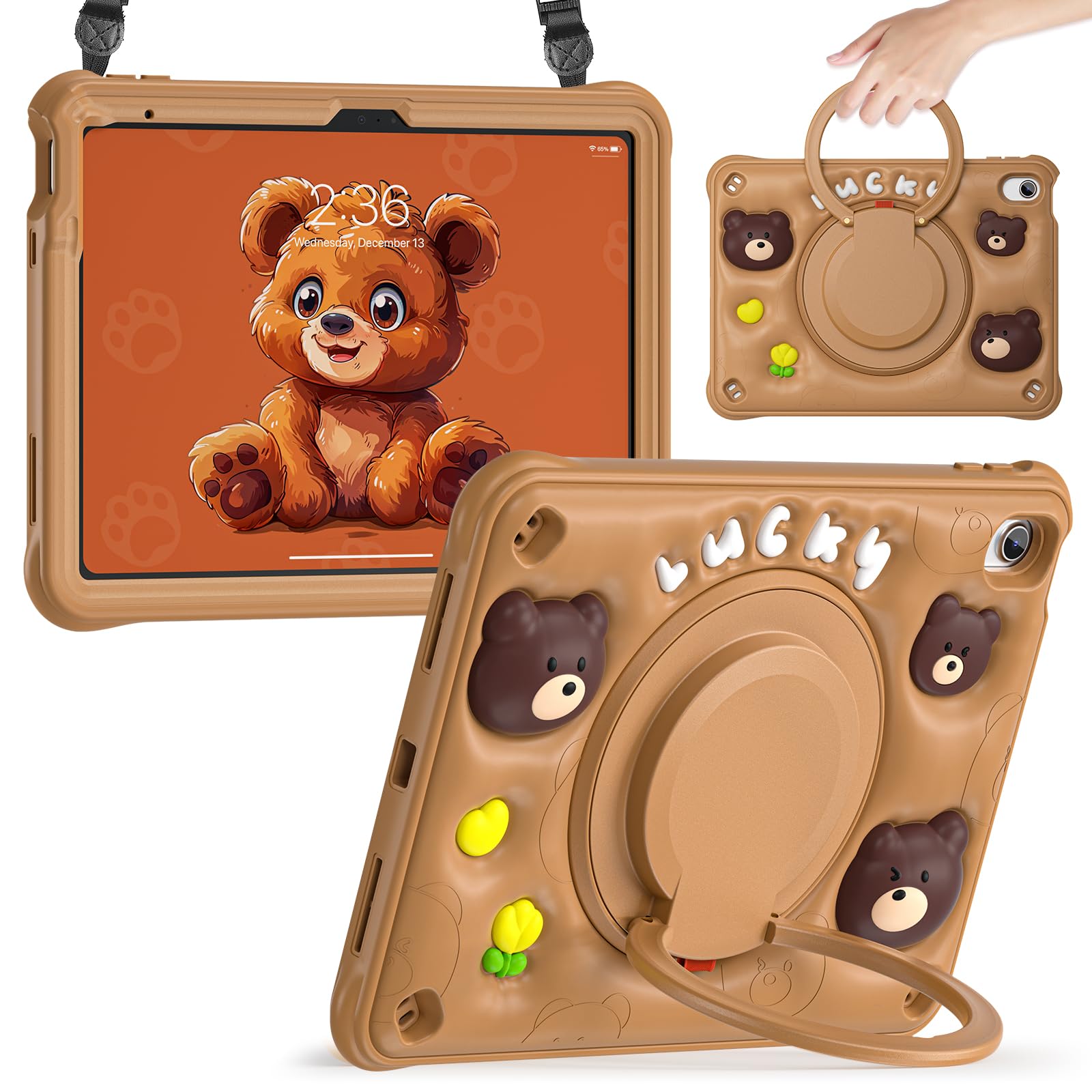 JunfireKids Case for iPad 10th Generation 10.9-inch 2022, Cute Animal Silicone iPad 10th Gen Protective Case with Handle Grip & Pencil Holder-Brown