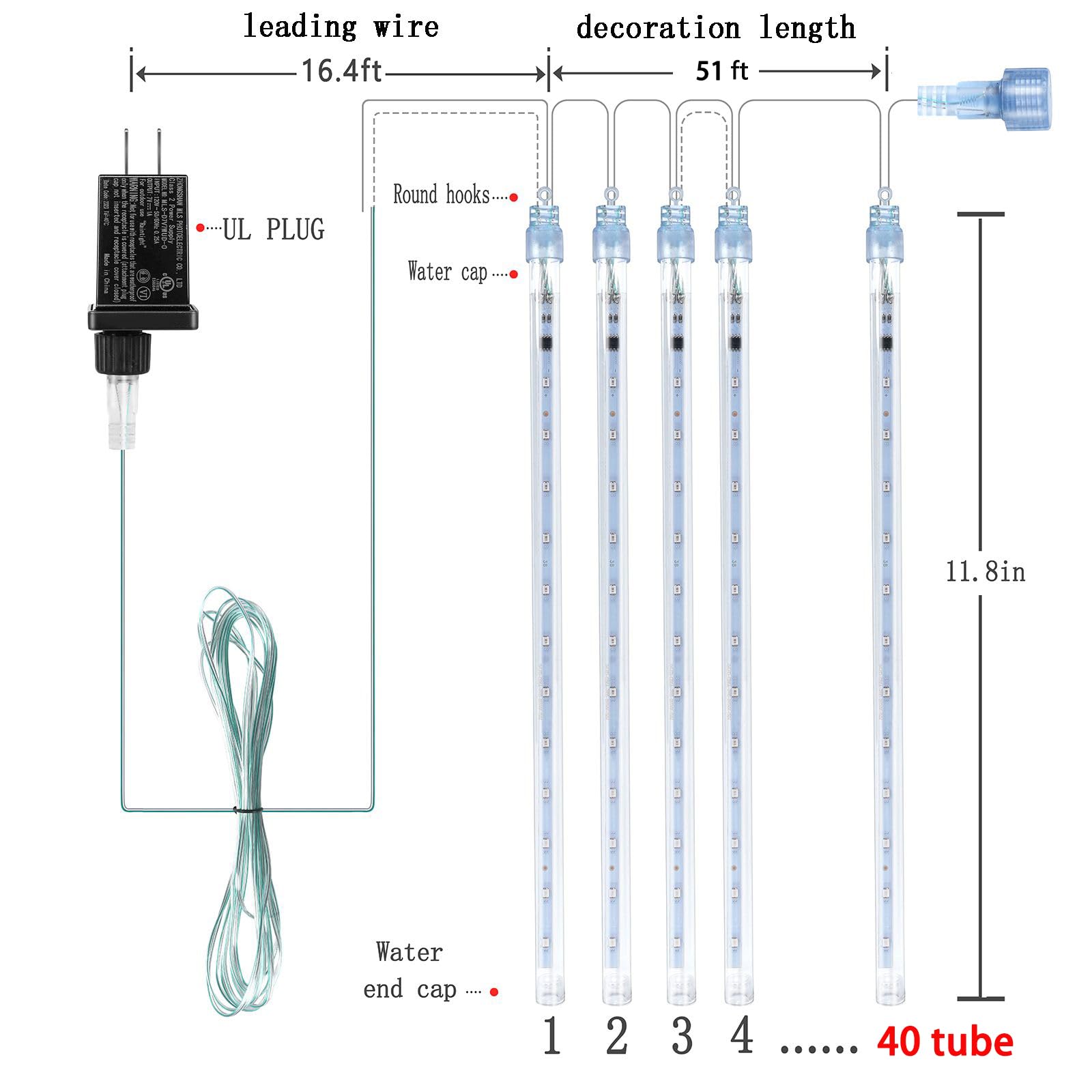 Kwaiffeo Weihnachtsdekorationen im Freien, wasserdichte 40-Tube Meteorschauer Lichter für Xmas Hochzeit Party hängende Dekoration, Hochzeitsdekorationen für Empfang, entspricht 5 Sets von 8 Röhren