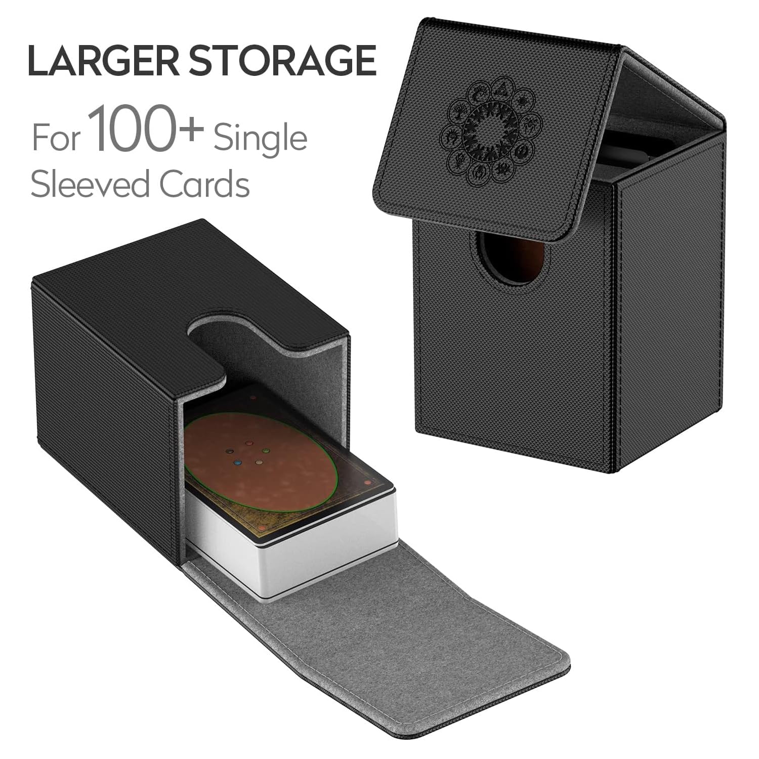 Pulchra Estuche para TCG, Magnetic Flip Box con 2 Divider, Tamaño Grande para 100+ Cartas, Deck Box - Dado Diseño (Elemental Design, Negro)