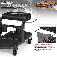 Vista 7 de M-AUTO Asiento de rodillo para garaje, taburete de taller mecánico resistente con bandeja para herramientas y estante para equipos, asiento