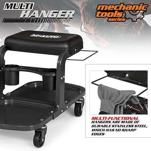 Miniatura 7 de M-AUTO Asiento de rodillo de garaje resistente para mecánico de tallerestaburete de tienda con bandeja de herramientas y estante para equipos,