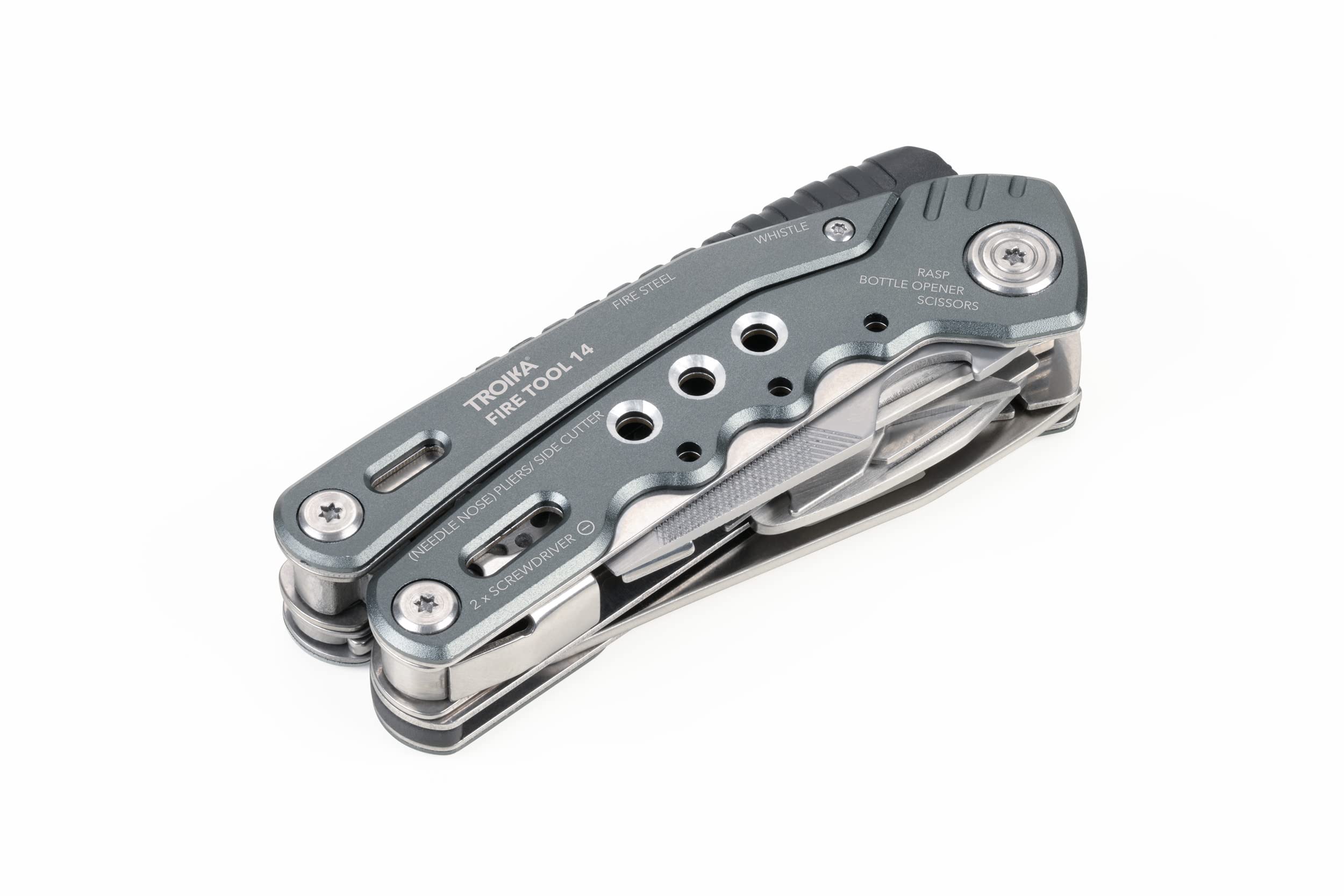 Troika Fire Tool 14 Outil multifonction avec 14 fonctions pour les voyages en plein air et survie – Ressort intégré et fonction de verrouillage – Acier inoxydable 420 – Aluminium – Anodisé – Gris