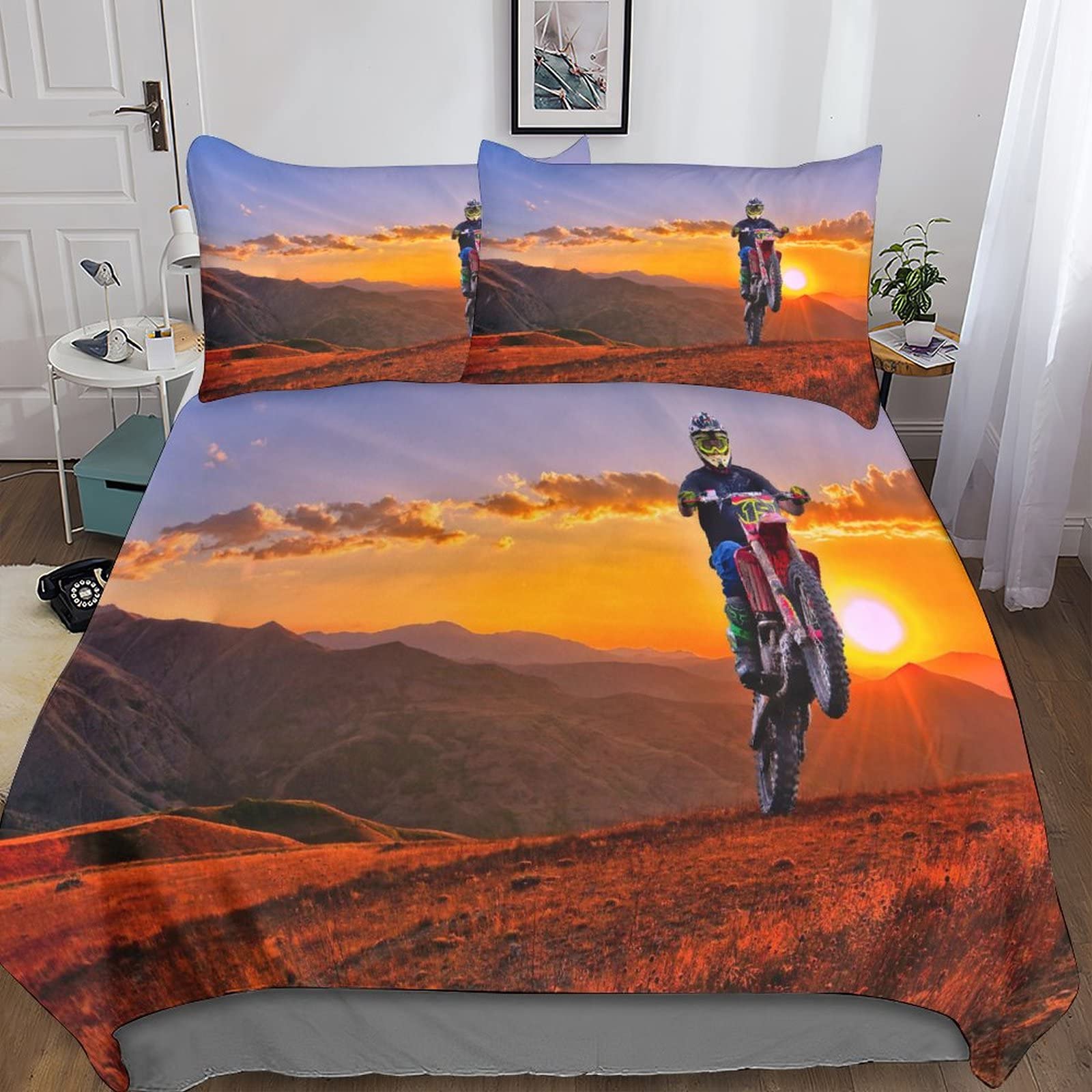 Parure de lit moto 3D King 220x240cm avec housse de couette en microfibre et taies