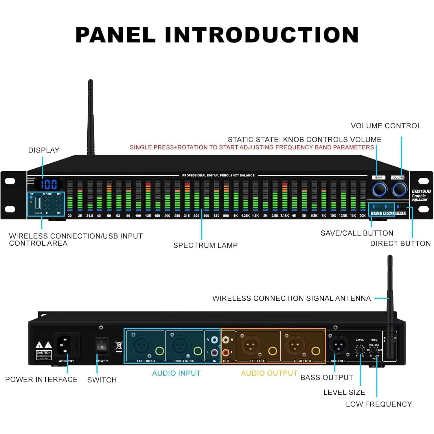 31-Band Digital Equalizer, LED-Audiospektrumanalysator, Stereo-Grafik-Equalizer, Low/Mid/Treble Readable, 10 Presets Parameter Für Home Karaoke, Aufnahmestudio
