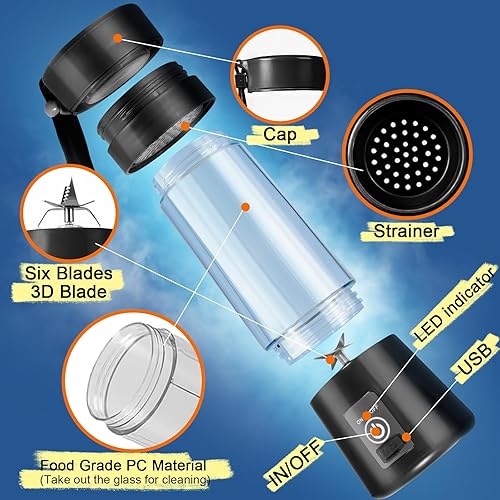 Miniatura 6 de Licuadora portátil, tamaño personal para batidos y batidos con 6 cuchillas ultra afiladas, licuadora portátil recargable por USB magnética para