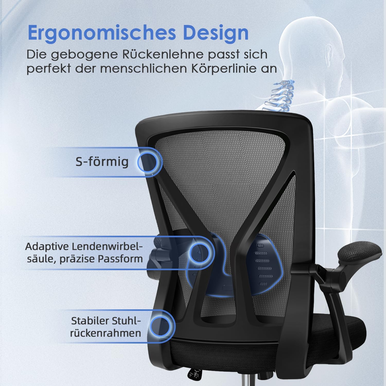 Hinonde Bürostuhl,Schreibtischstuhl mit Hochklappbare Armlehnen und Wippfunktion,Drehstuhl,Höhenverstellbarer Bürostuhl ergonomisch Home Office Stuhl mit Atmungsaktivem Netz,Bis zu 150kg