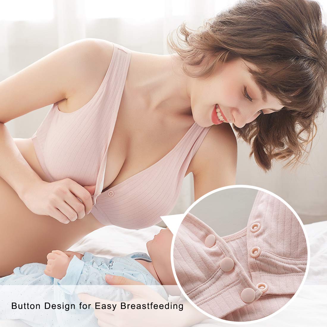 ATOX Nursing Bras for Breastfeeding Cotton Wireless Maternity Bra Seamless Support Front Snap Padded Bralettes Pink - Image 2 thumbnail