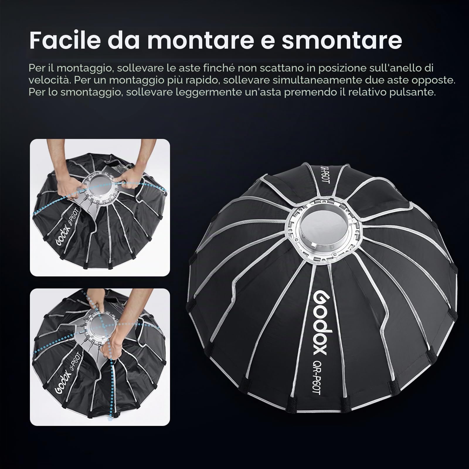 GODOX QR-P60T Softbox parabolico a sgancio rapido con griglia a Nido d'Ape, Supporto Bowen con Borsa da Trasporto per diffusore Anteriore e Interno MS300 MS300-V SK400II QT400III QT600
