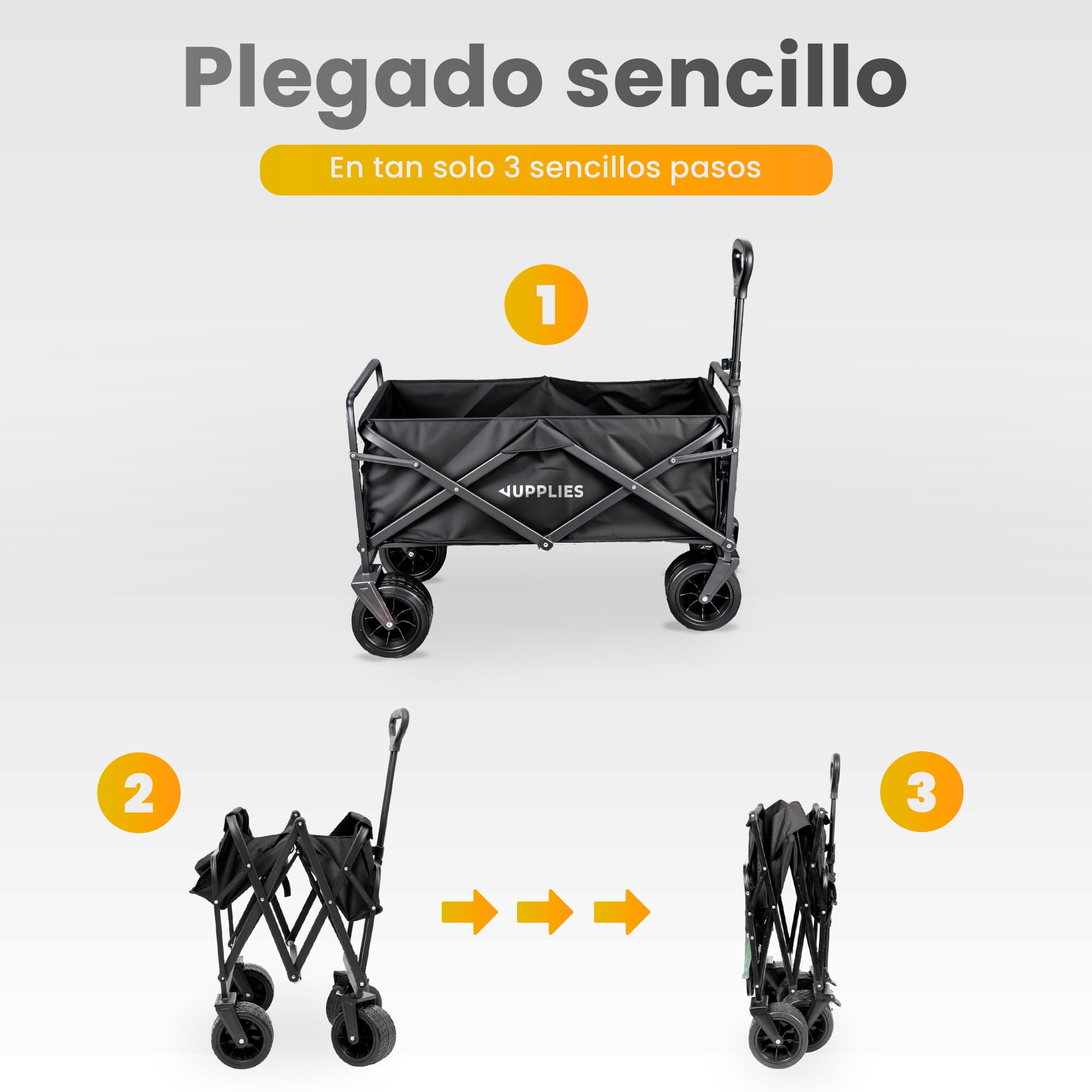 JUPPLIES Carro Plegable con Ruedas Grandes – Carro Playa, Jardín y Supermercado | Carrito Transporte Plegable Todoterreno, Asa Telescópica, Tela Resistente e Impermeable 75KG - S (72.5x42x47.5cm)