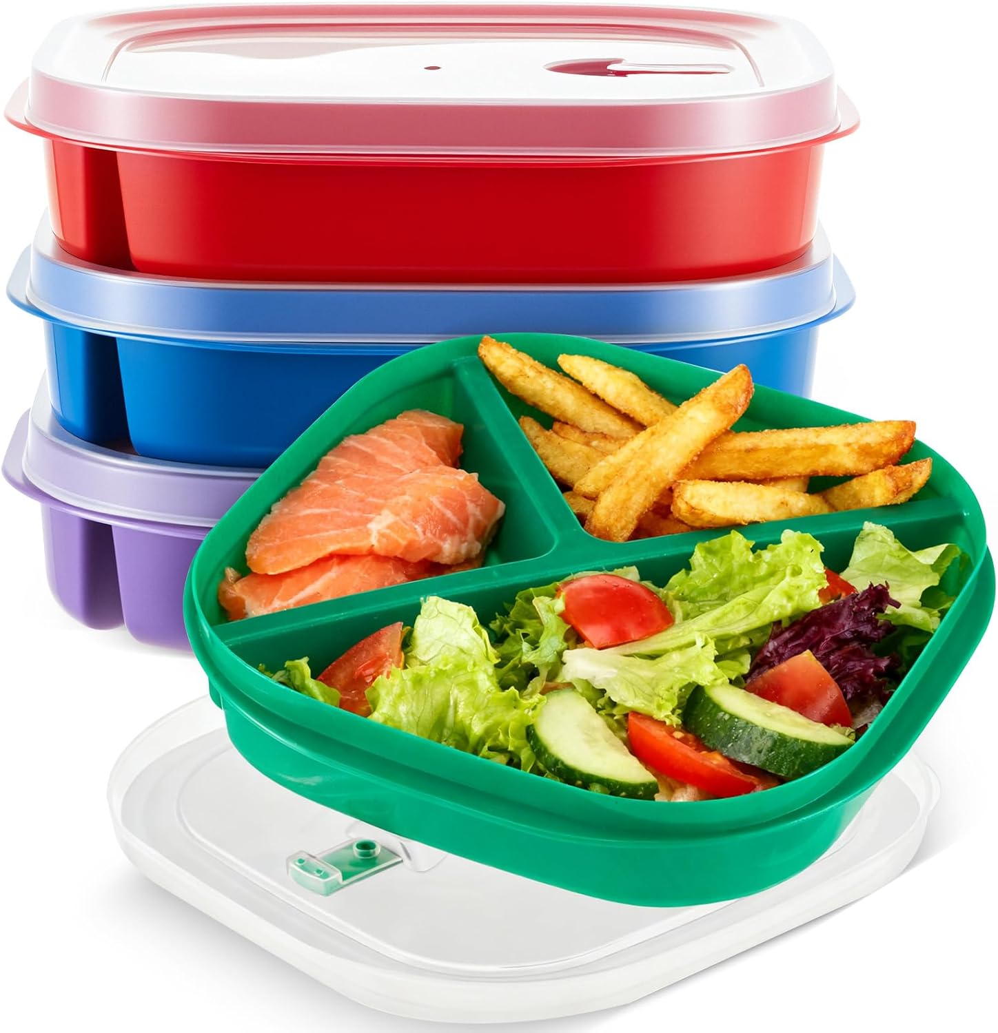 Hushee 4 Pcs Microwave Food Storage Tray Containers with Ventilation Lids 3 Compartment Divided Plates Portion Plate Fits Microwave Fridge(Square,Mixed Colors,8.66 x 8.66 x 1.97 Inch)